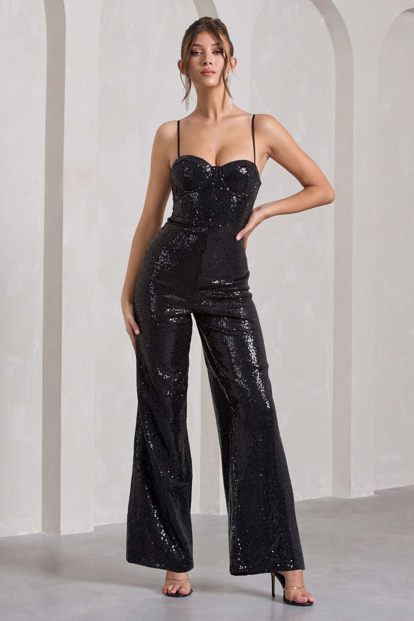 Dandelion Black Strappy Corset Sequin Jumpsuit-Babyboo Dress Store. All Rights Reserved.