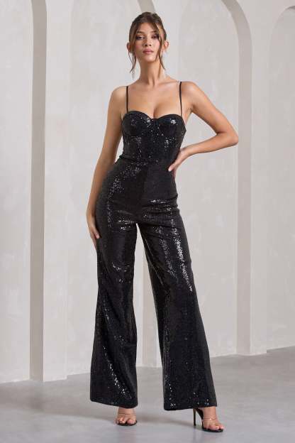 Dandelion Black Strappy Corset Sequin Jumpsuit-Babyboo Dress Store. All Rights Reserved.