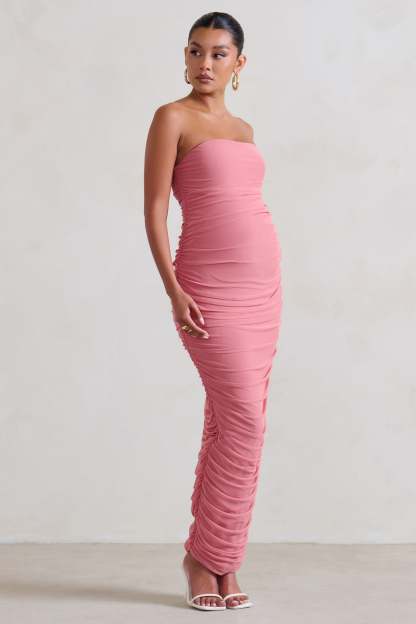 My Lady Maternity Blush Pink Strapless Bodycon Ruched Mesh Maxi Dress-Babyboo Dress Store. All Rights Reserved.