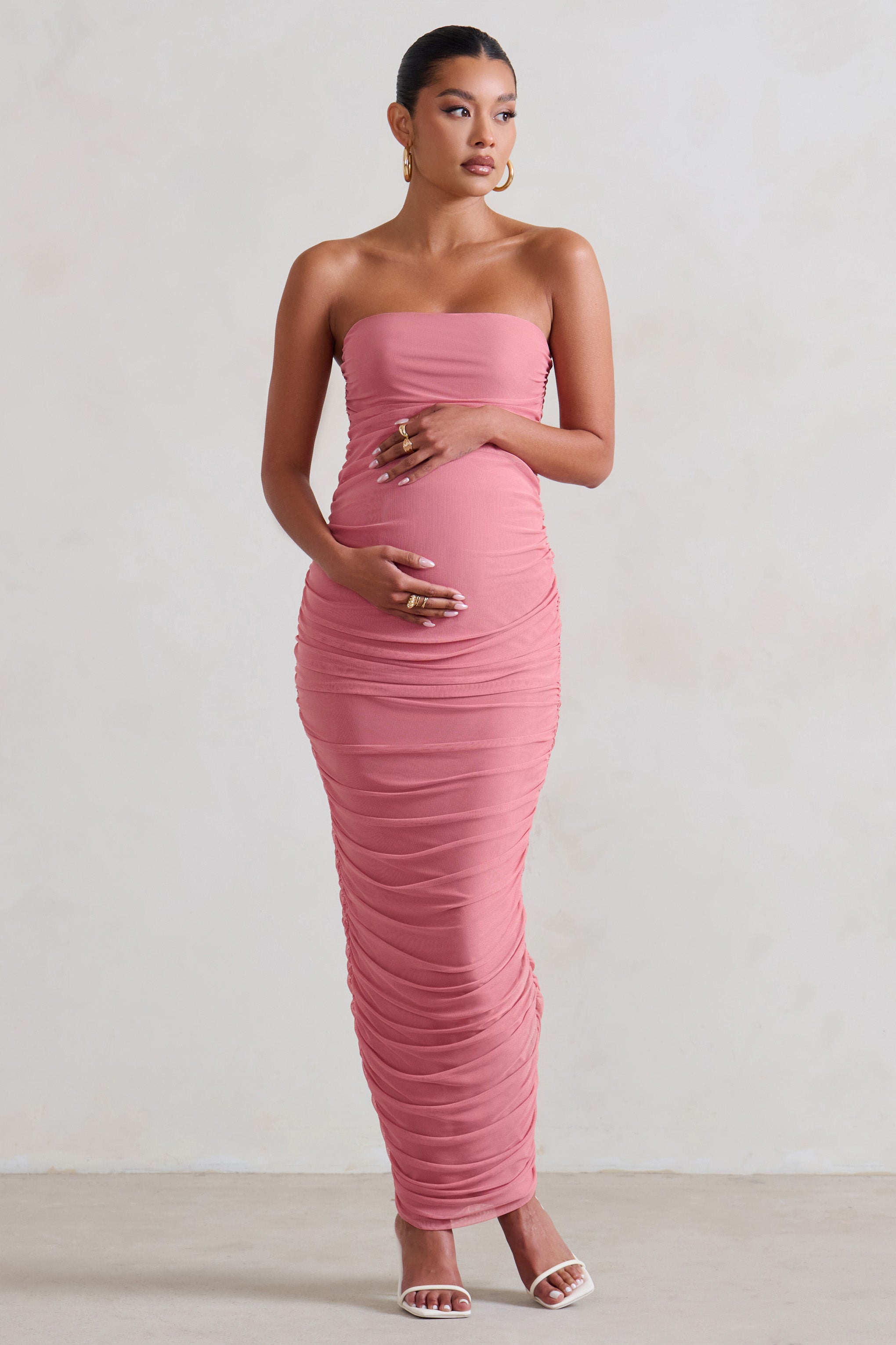 My Lady Maternity Blush Pink Strapless Bodycon Ruched Mesh Maxi Dress-Babyboo Dress Store. All Rights Reserved.