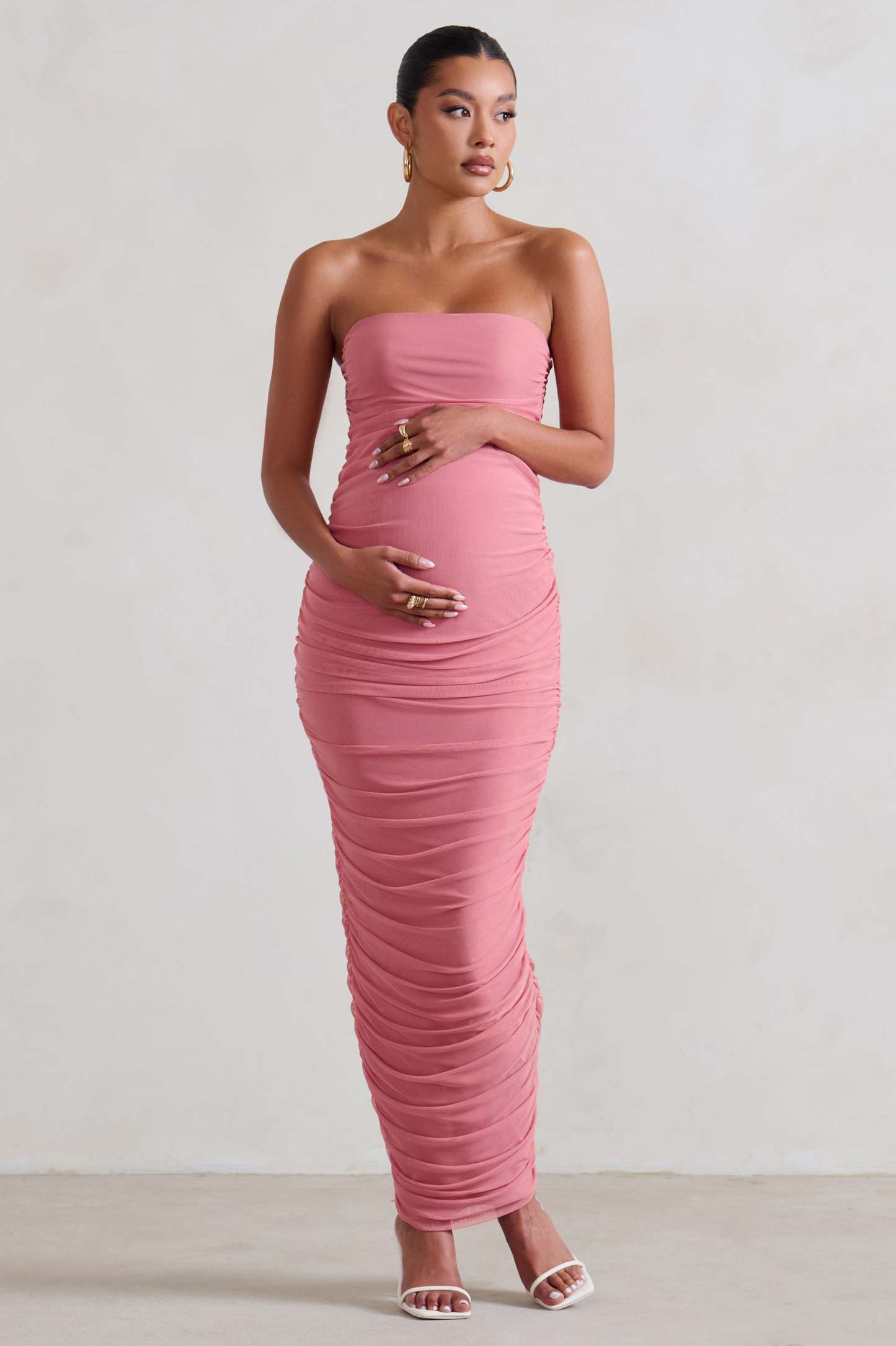 My Lady Maternity Blush Pink Strapless Bodycon Ruched Mesh Maxi Dress-Babyboo Dress Store. All Rights Reserved.