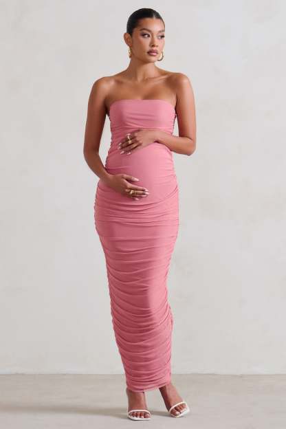 My Lady Maternity Blush Pink Strapless Bodycon Ruched Mesh Maxi Dress-Babyboo Dress Store. All Rights Reserved.
