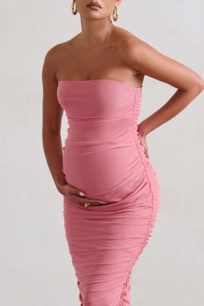 My Lady Maternity Blush Pink Strapless Bodycon Ruched Mesh Maxi Dress-Babyboo Dress Store. All Rights Reserved.