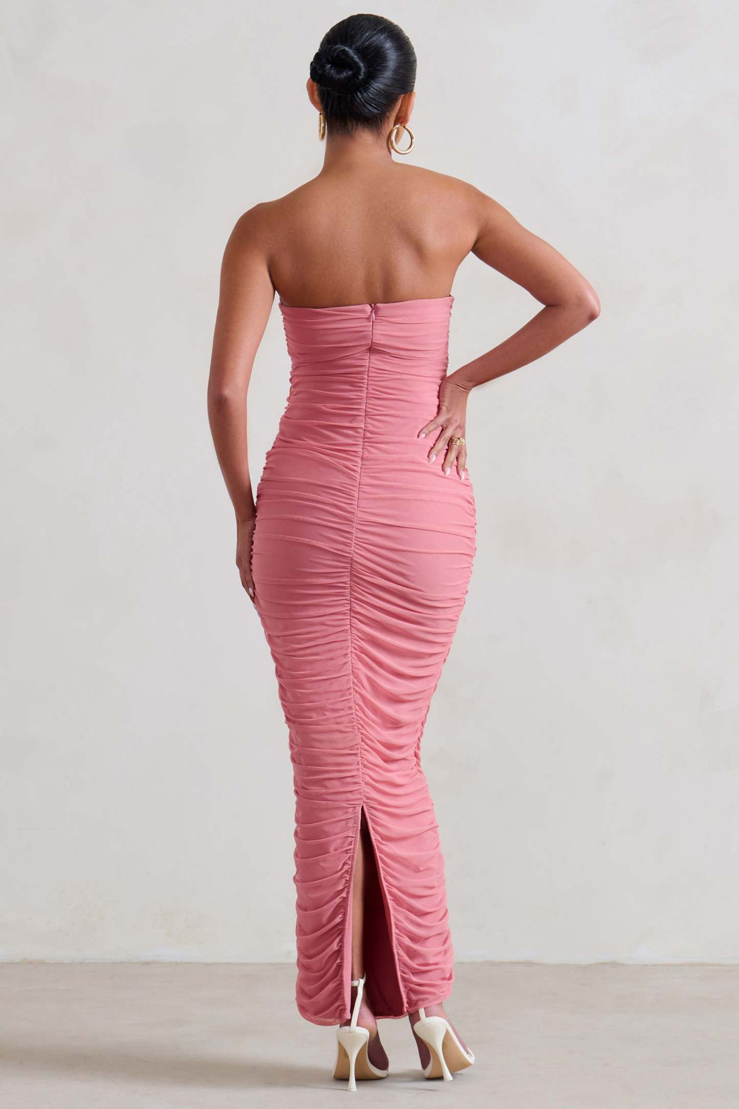 My Lady Maternity Blush Pink Strapless Bodycon Ruched Mesh Maxi Dress-Babyboo Dress Store. All Rights Reserved.