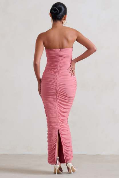 My Lady Maternity Blush Pink Strapless Bodycon Ruched Mesh Maxi Dress-Babyboo Dress Store. All Rights Reserved.