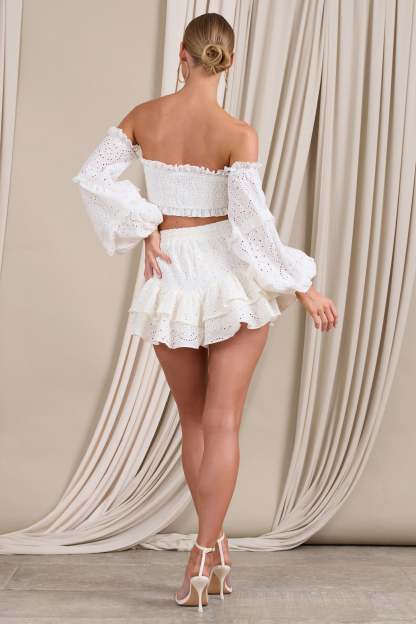 Parla Anglaise White Lace Eyelet Frilled Shorts With Drawstrings-Babyboo Dress Store. All Rights Reserved.