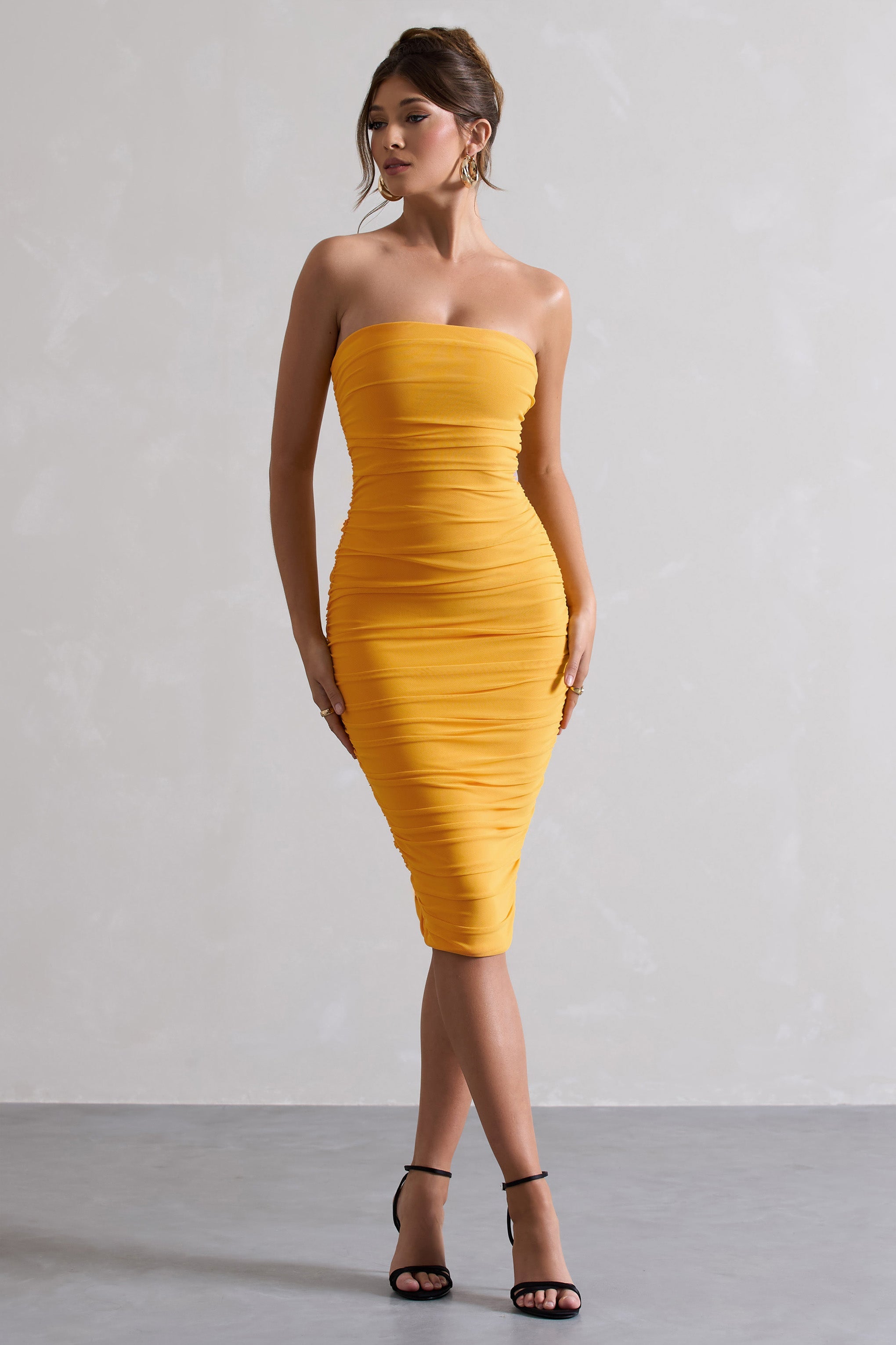My Girl Mango Strapless Bodycon Ruched Mesh Midi Dress-Babyboo Dress Store. All Rights Reserved.