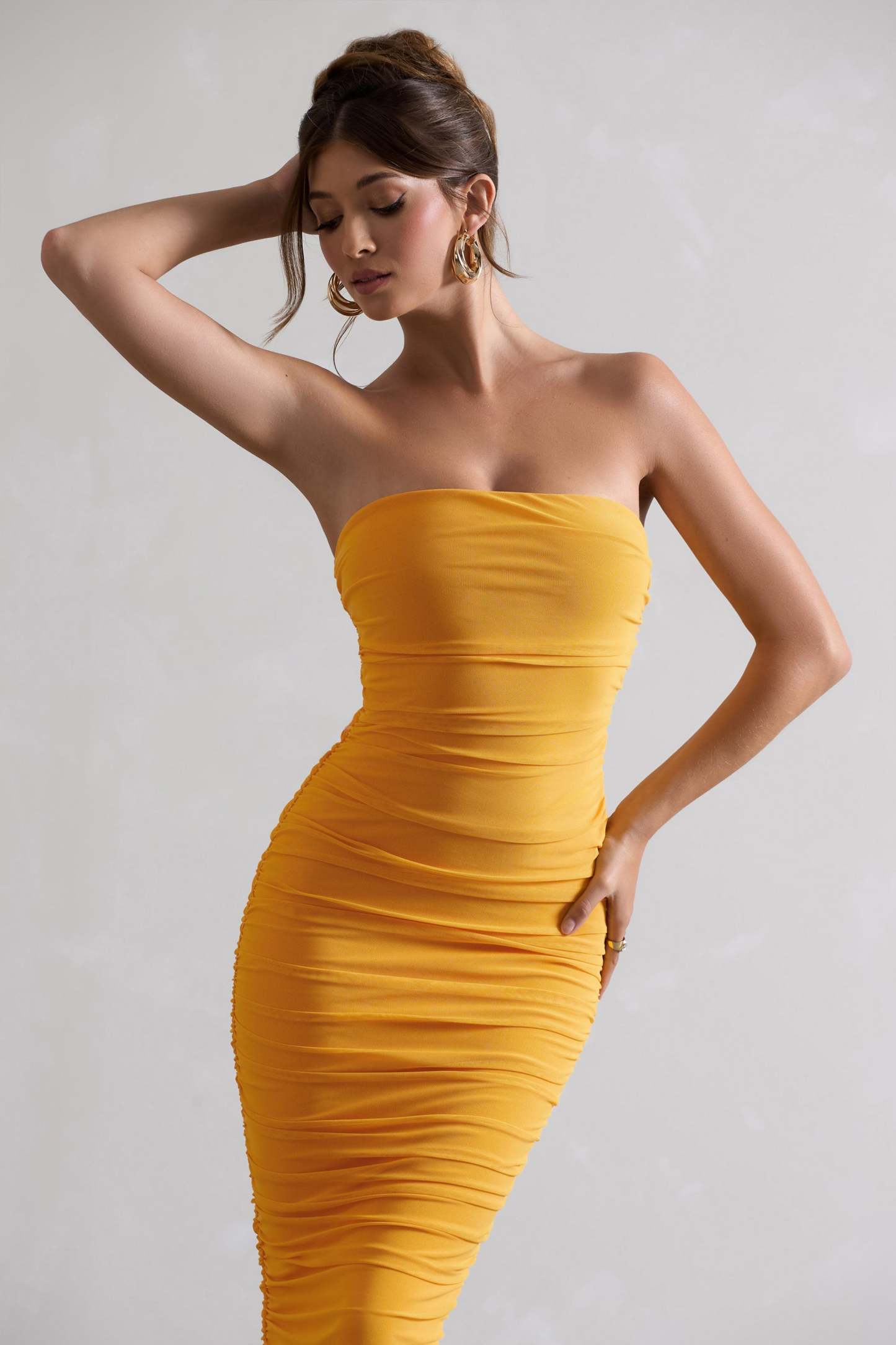 My Girl Mango Strapless Bodycon Ruched Mesh Midi Dress-Babyboo Dress Store. All Rights Reserved.