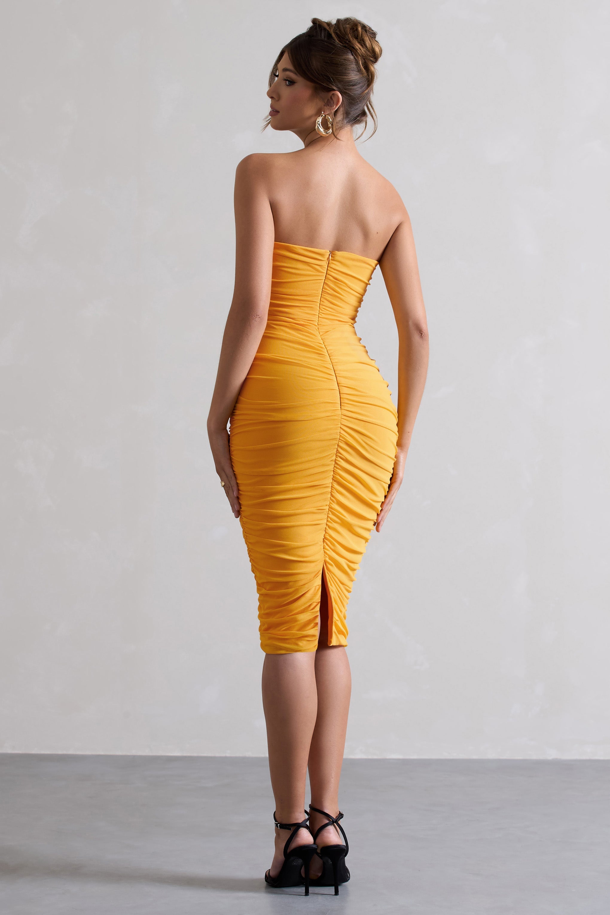 My Girl Mango Strapless Bodycon Ruched Mesh Midi Dress-Babyboo Dress Store. All Rights Reserved.