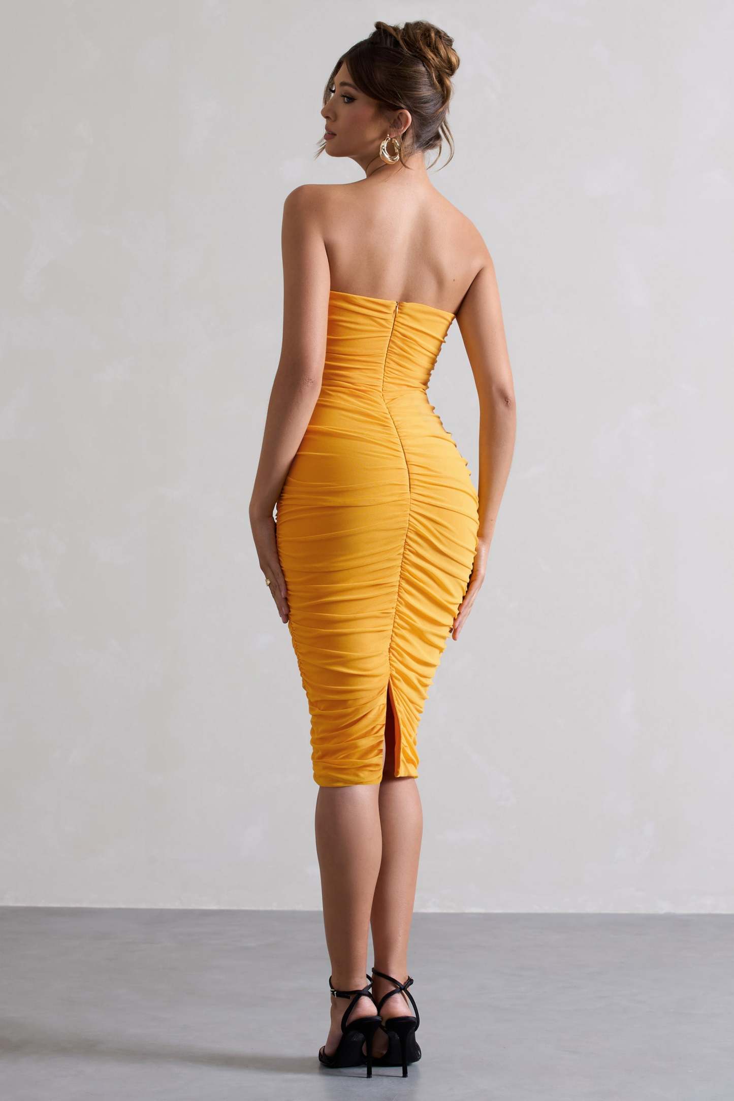 My Girl Mango Strapless Bodycon Ruched Mesh Midi Dress-Babyboo Dress Store. All Rights Reserved.