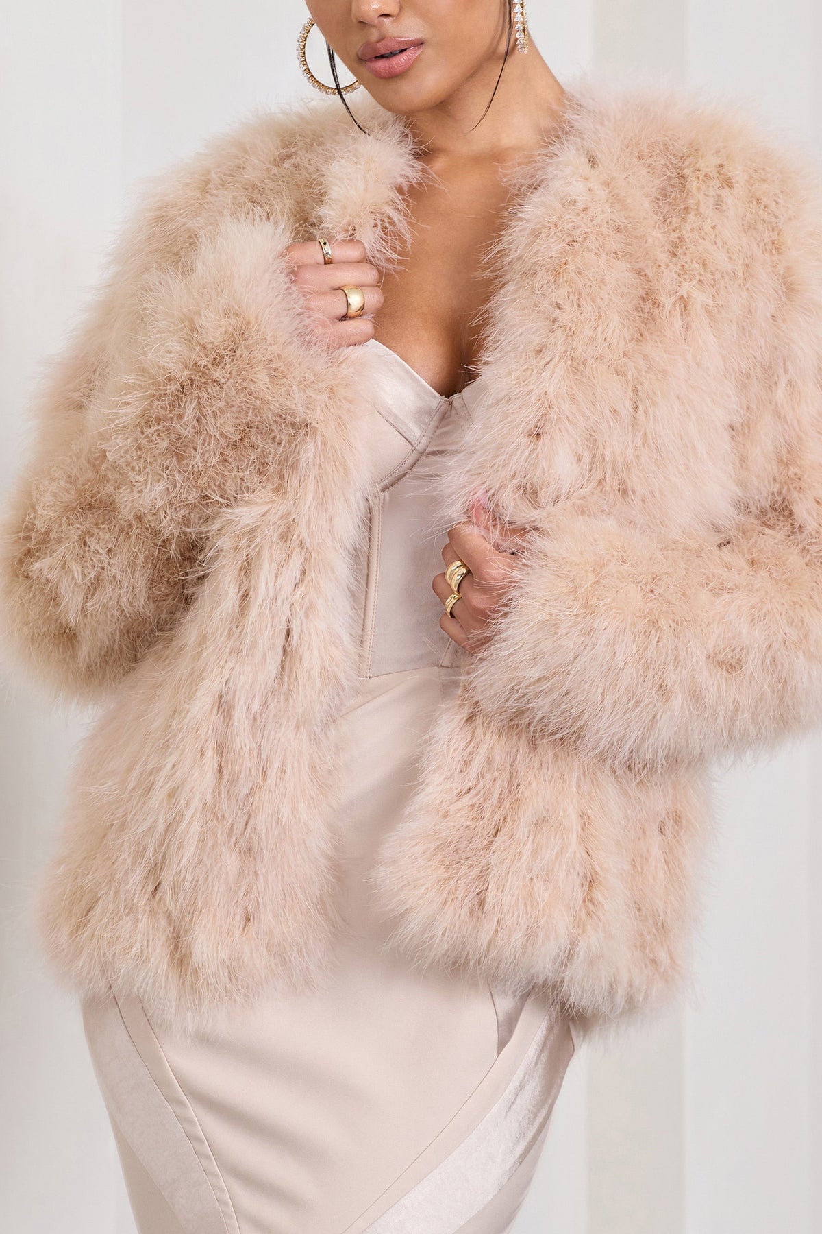 Wild Champagne Satin Jacket With Long Feather Sleeves