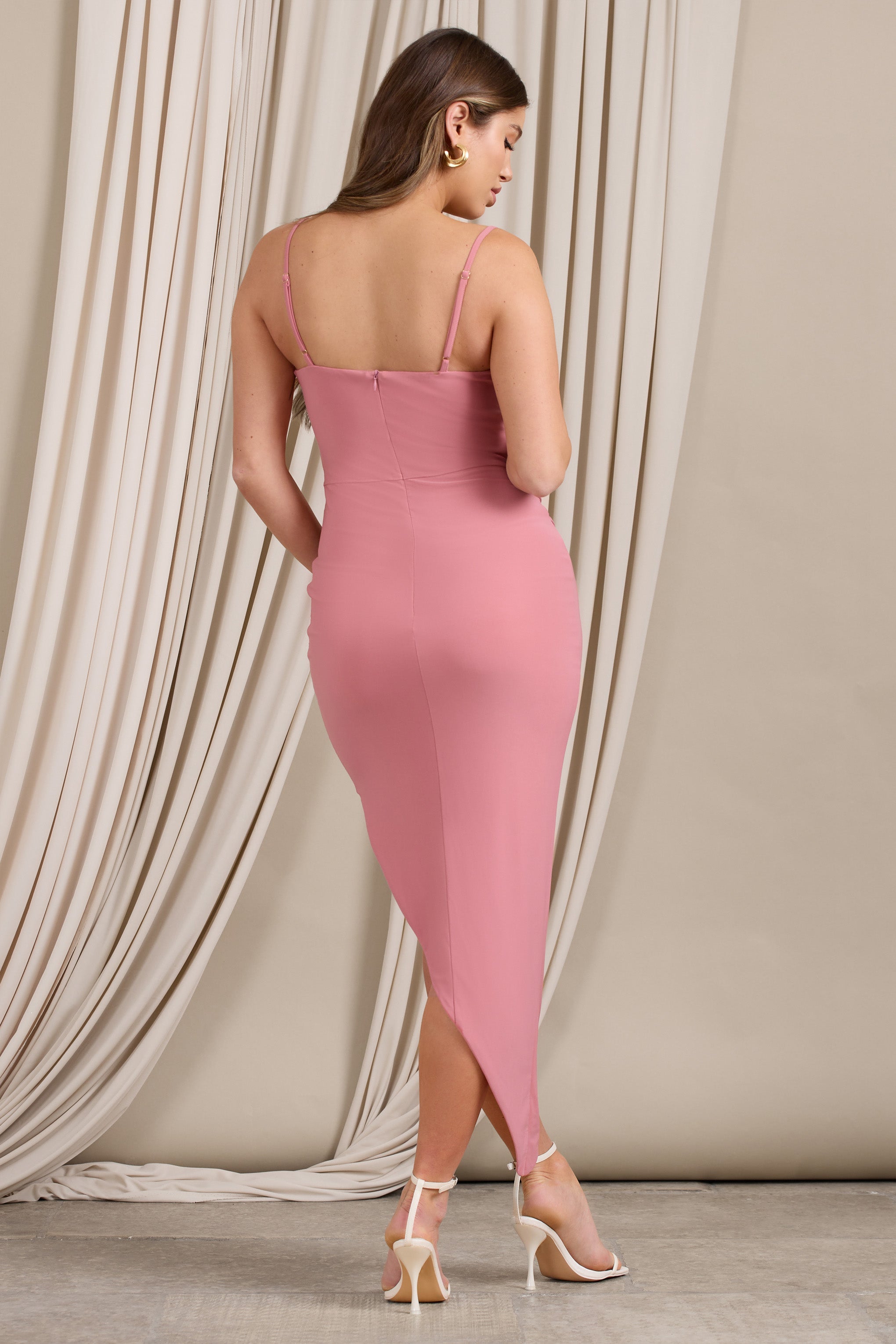 Ours Blush Pink Cami Asymmetric Maternity Midi Dress-Babyboo Dress Store. All Rights Reserved.