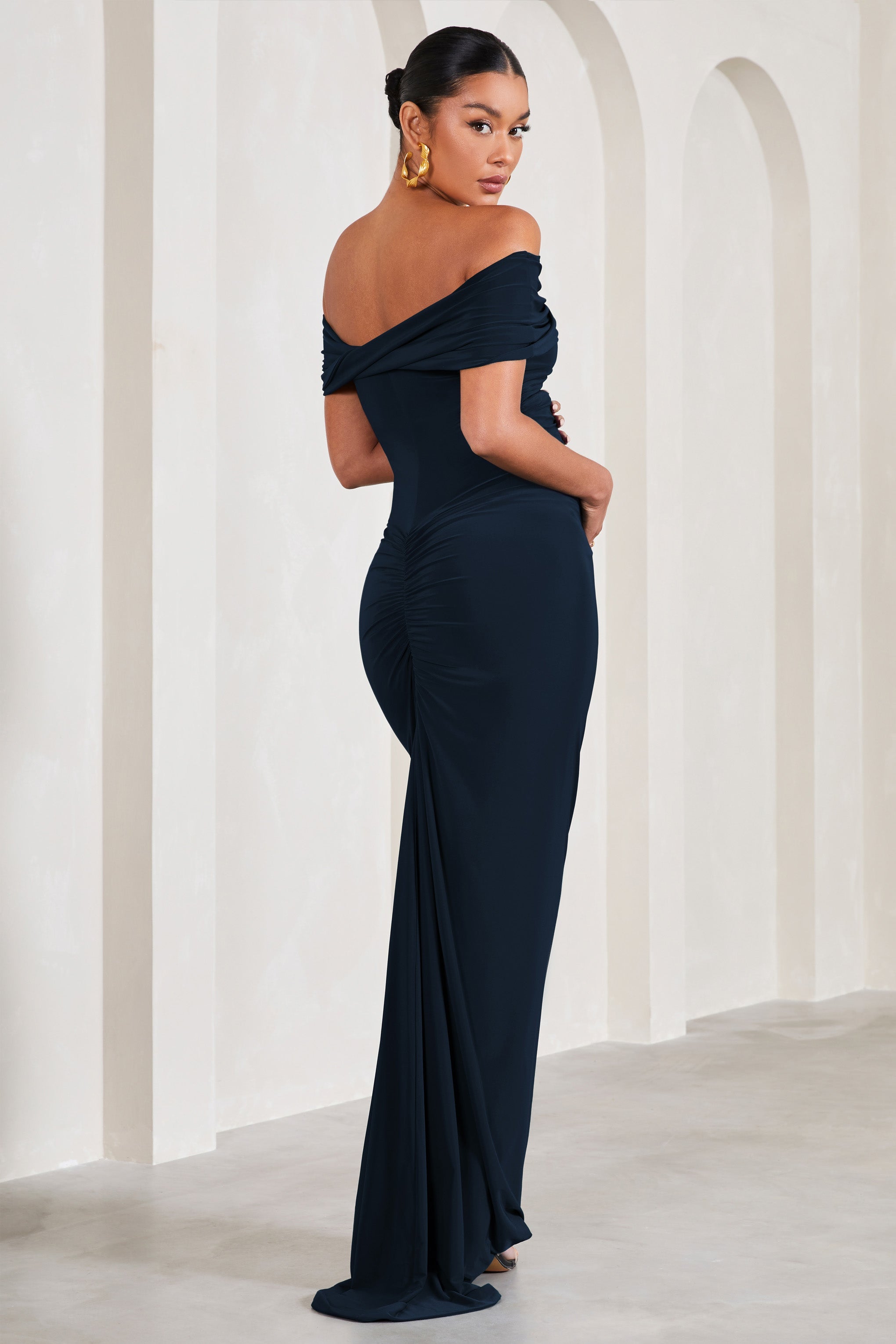 Carmen Navy Bardot Maternity Maxi Dress-Babyboo Dress Store. All Rights Reserved.