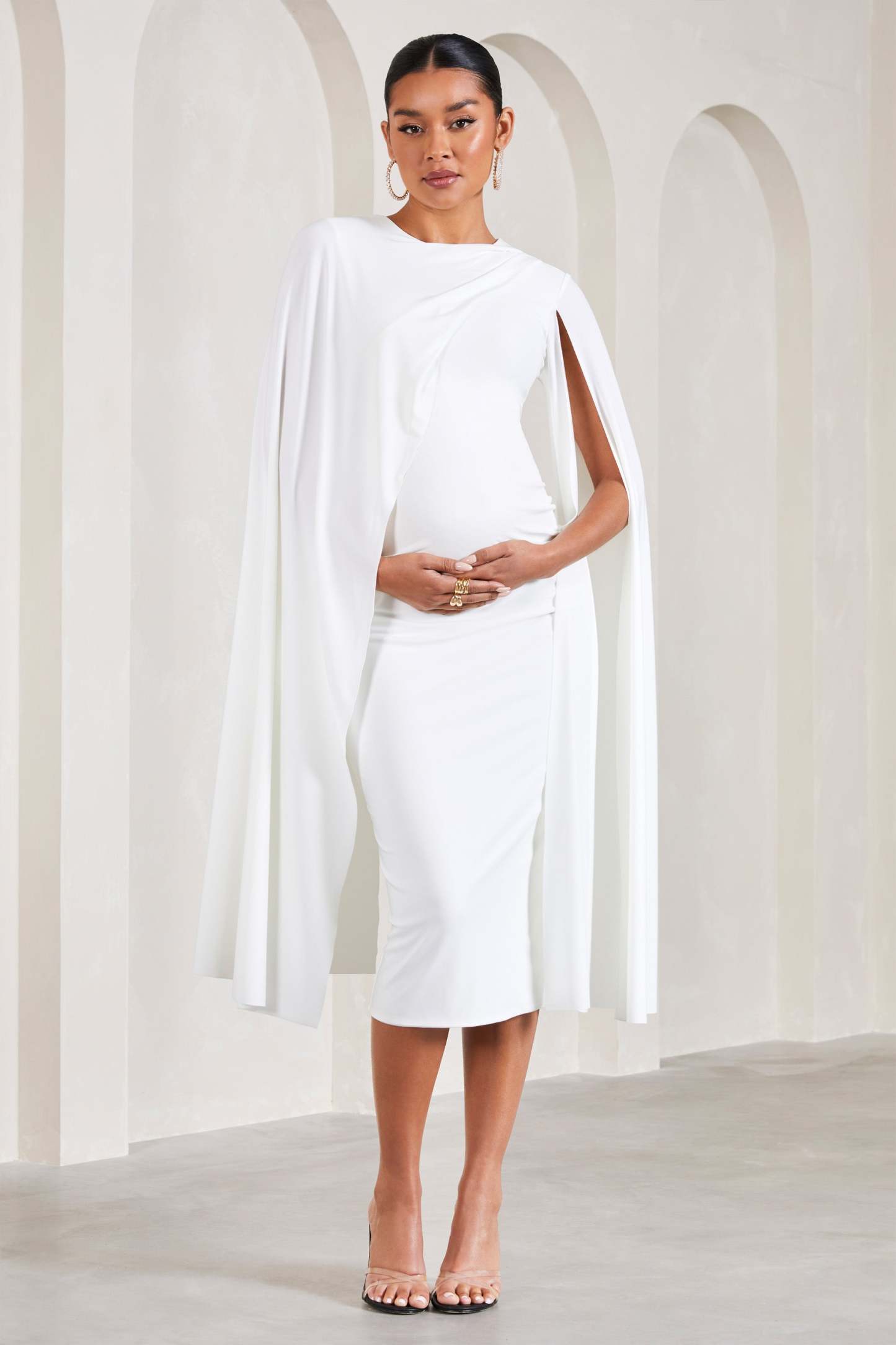 Cloud Nine White Maternity Midi Dress With Cape Sleeves-Babyboo Dress Store. All Rights Reserved.