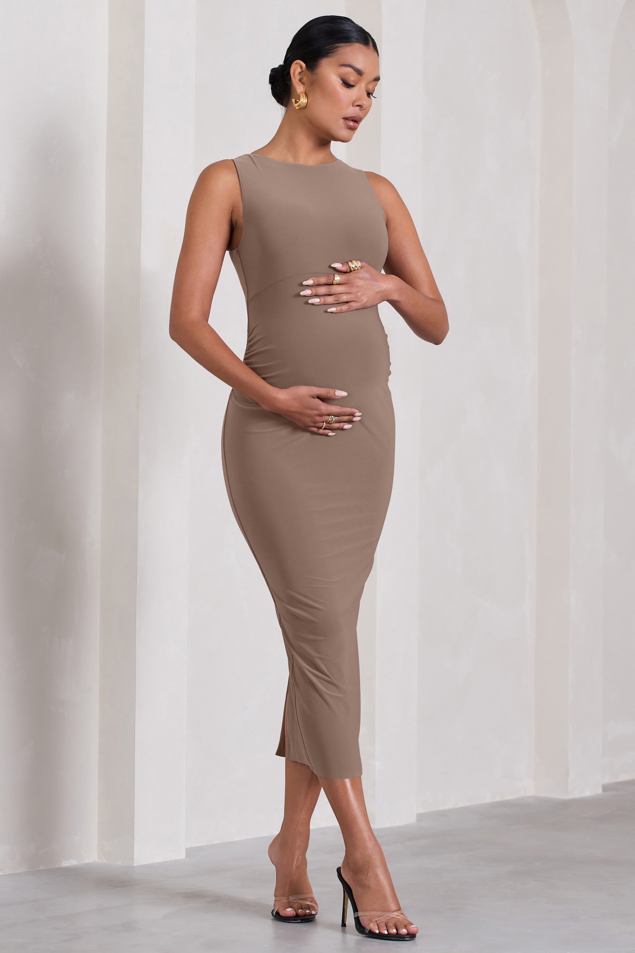 Paige Mocha Sleeveless Split Maternity Midi Dress-Babyboo Dress Store. All Rights Reserved.