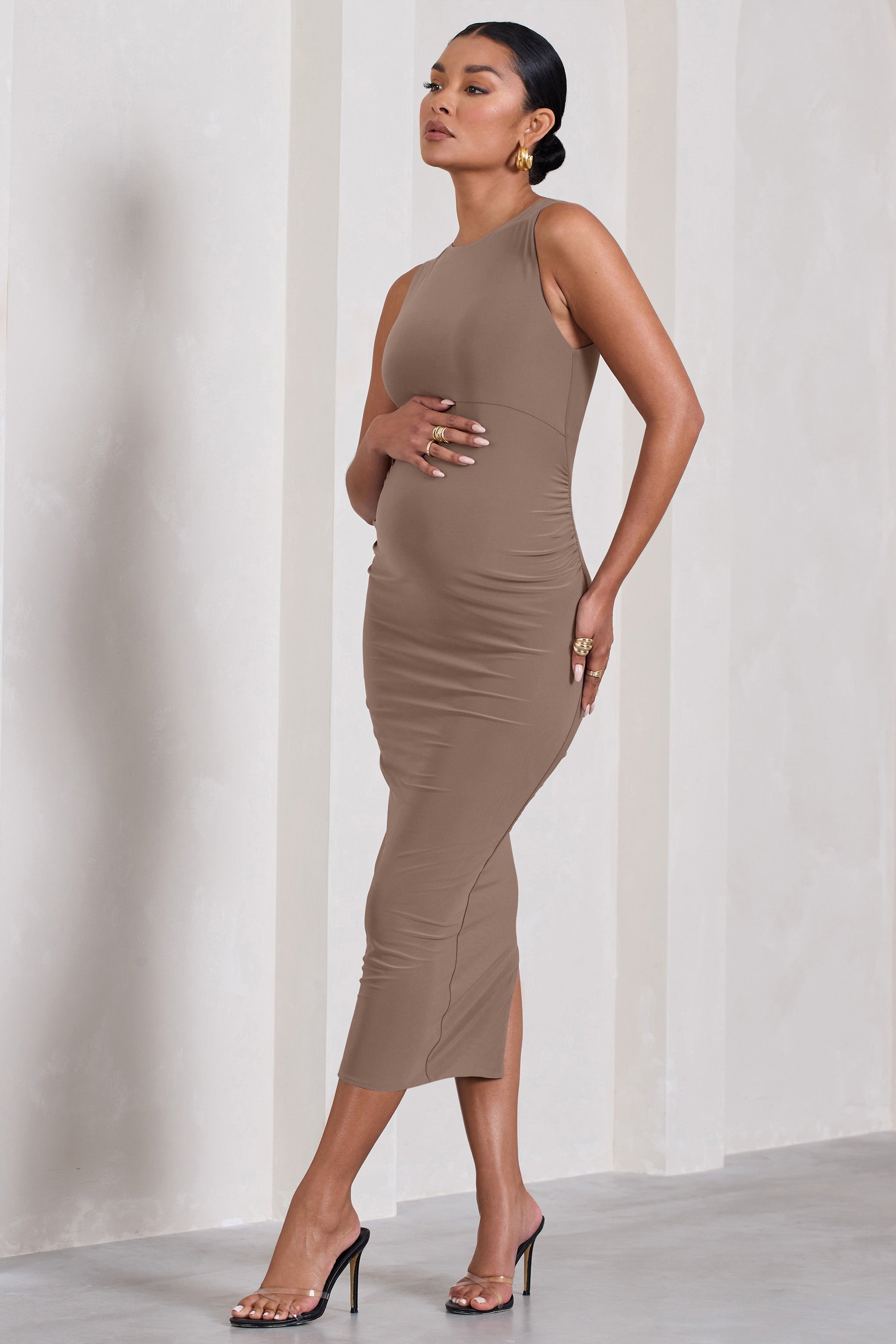 Paige Mocha Sleeveless Split Maternity Midi Dress-Babyboo Dress Store. All Rights Reserved.