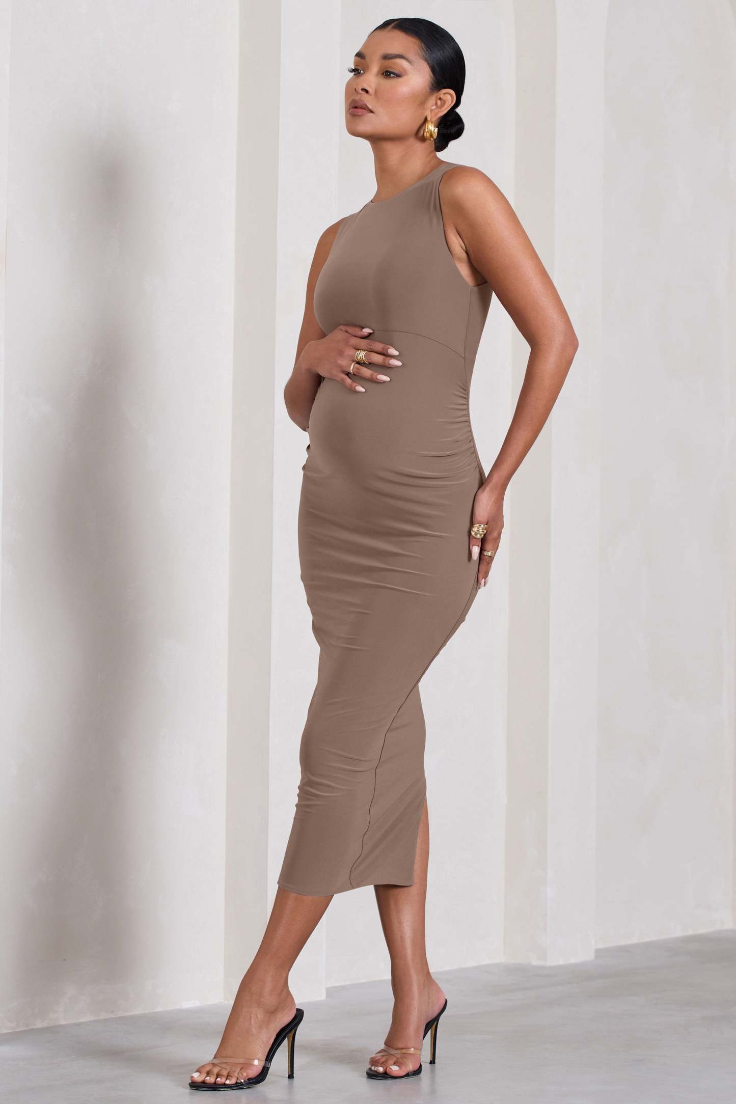 Paige Mocha Sleeveless Split Maternity Midi Dress-Babyboo Dress Store. All Rights Reserved.