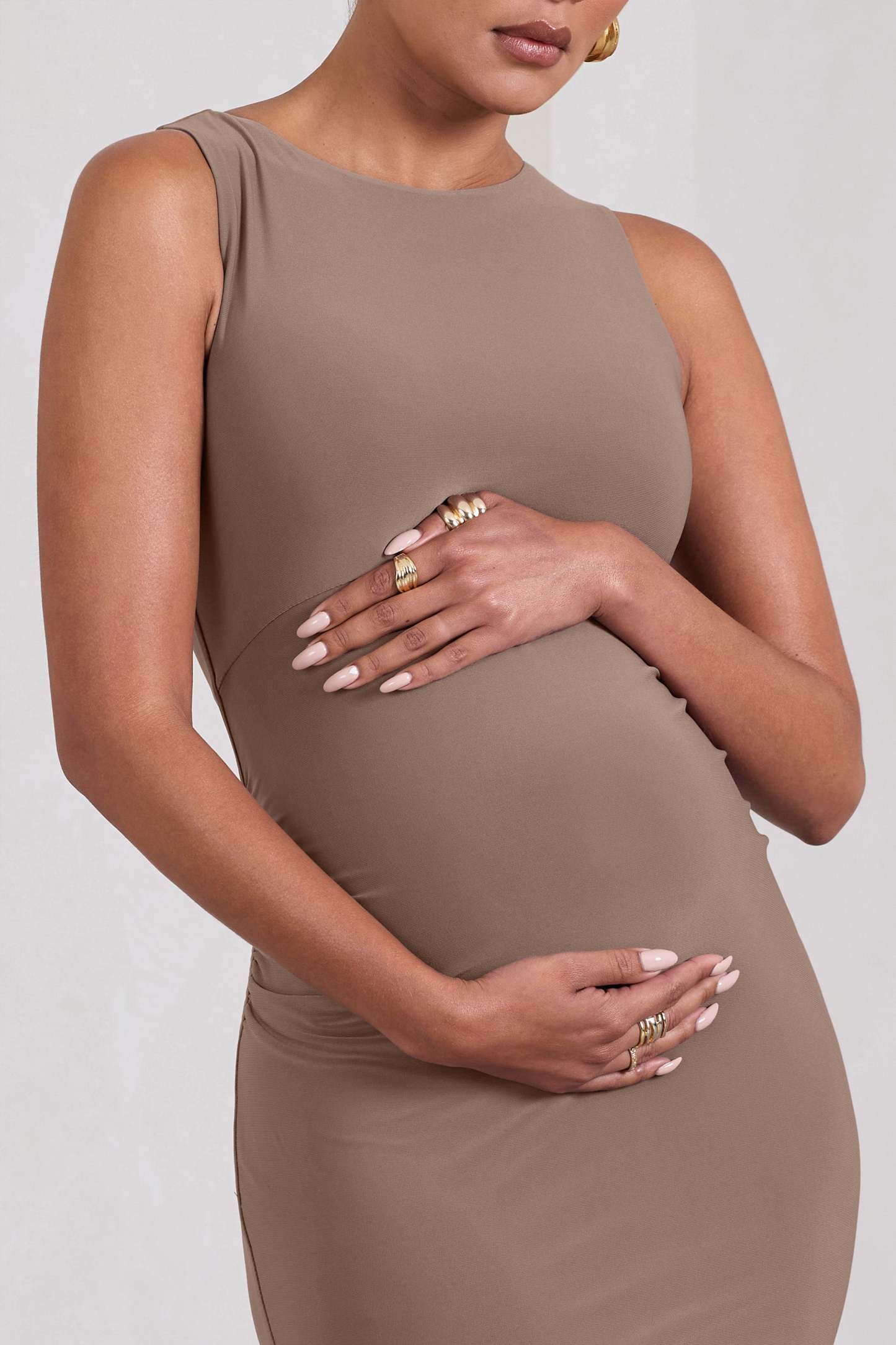 Paige Mocha Sleeveless Split Maternity Midi Dress-Babyboo Dress Store. All Rights Reserved.