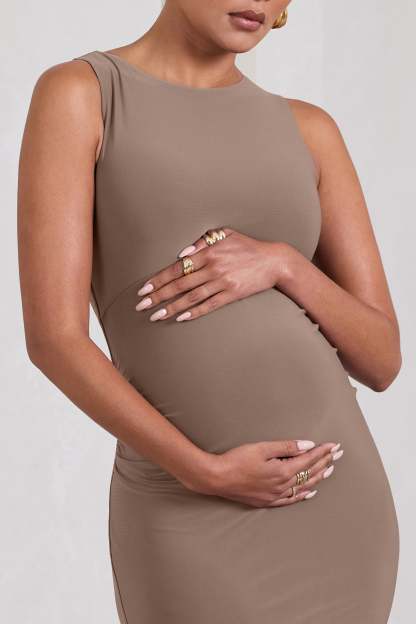 Paige Mocha Sleeveless Split Maternity Midi Dress-Babyboo Dress Store. All Rights Reserved.