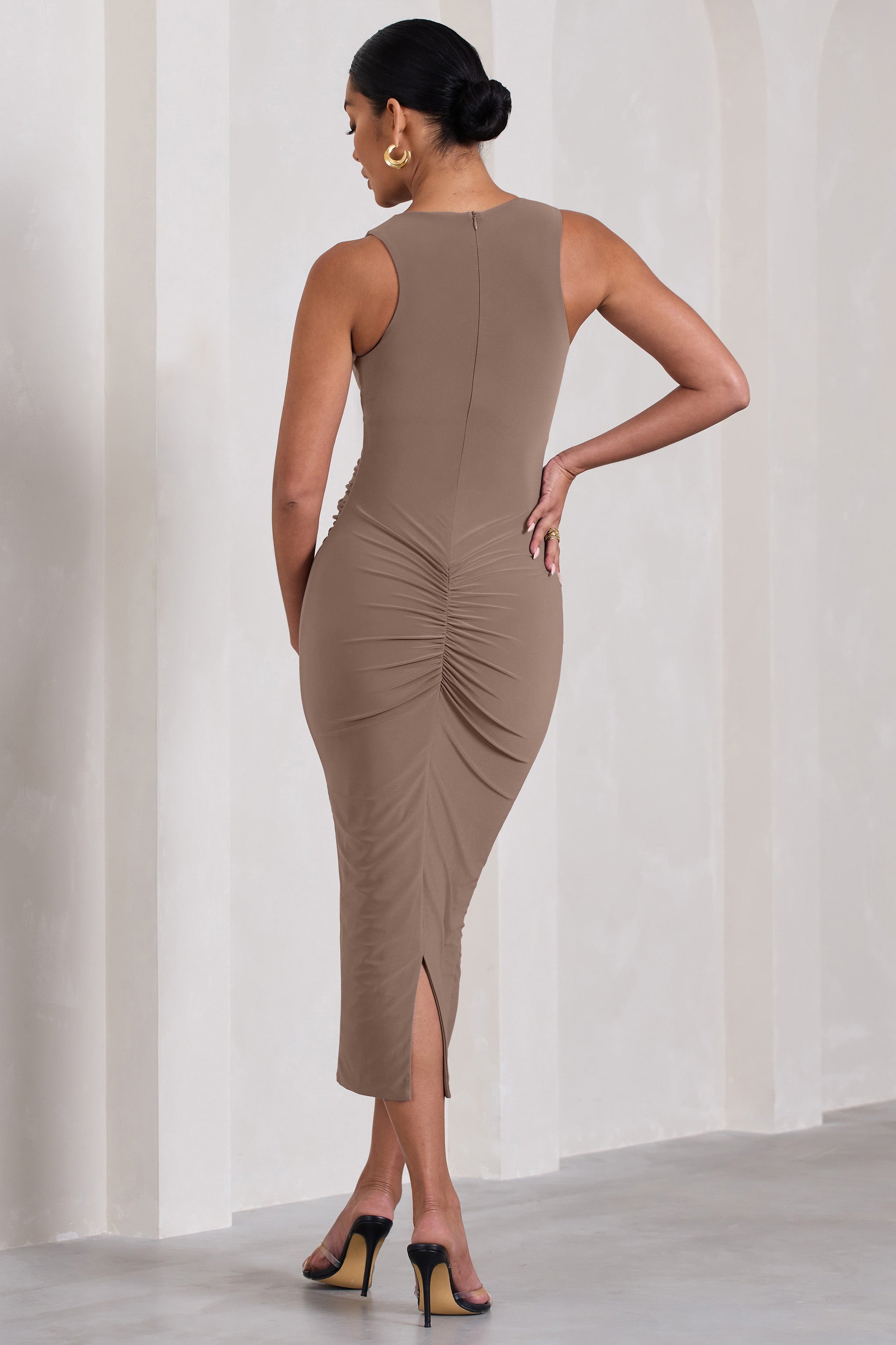 Paige Mocha Sleeveless Split Maternity Midi Dress-Babyboo Dress Store. All Rights Reserved.