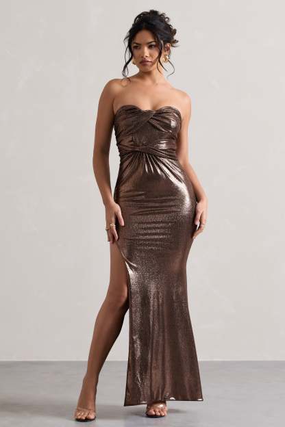 Nomad Bronze Metallic Strapless Cut-Out Split Maxi Dress-Babyboo Dress Store. All Rights Reserved.