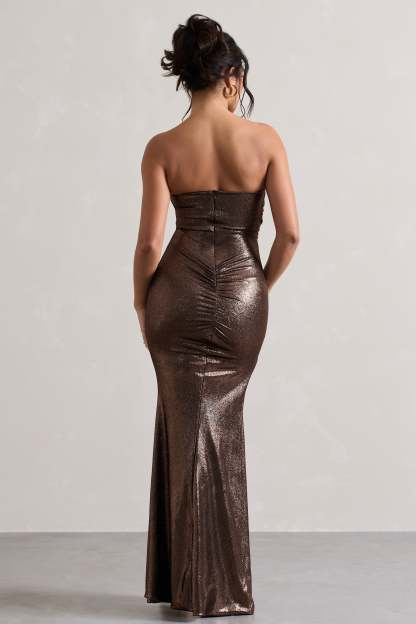 Nomad Bronze Metallic Strapless Cut-Out Split Maxi Dress-Babyboo Dress Store. All Rights Reserved.
