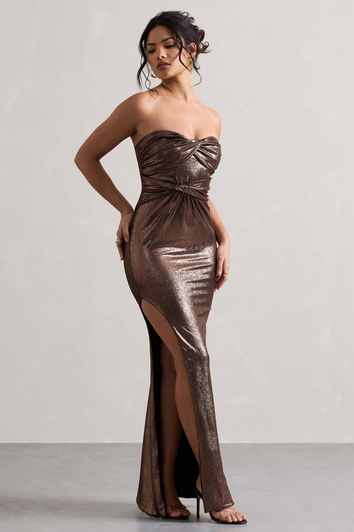Nomad Bronze Metallic Strapless Cut-Out Split Maxi Dress-Babyboo Dress Store. All Rights Reserved.