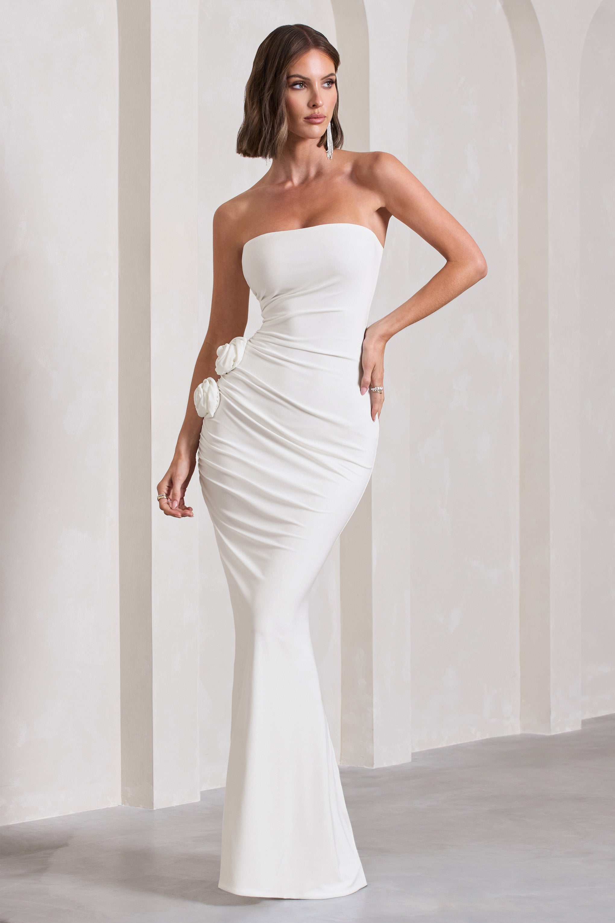 My Muse White Ruched Bandeau Split Maxi Dress With Flowers-Babyboo Dress Store. All Rights Reserved.