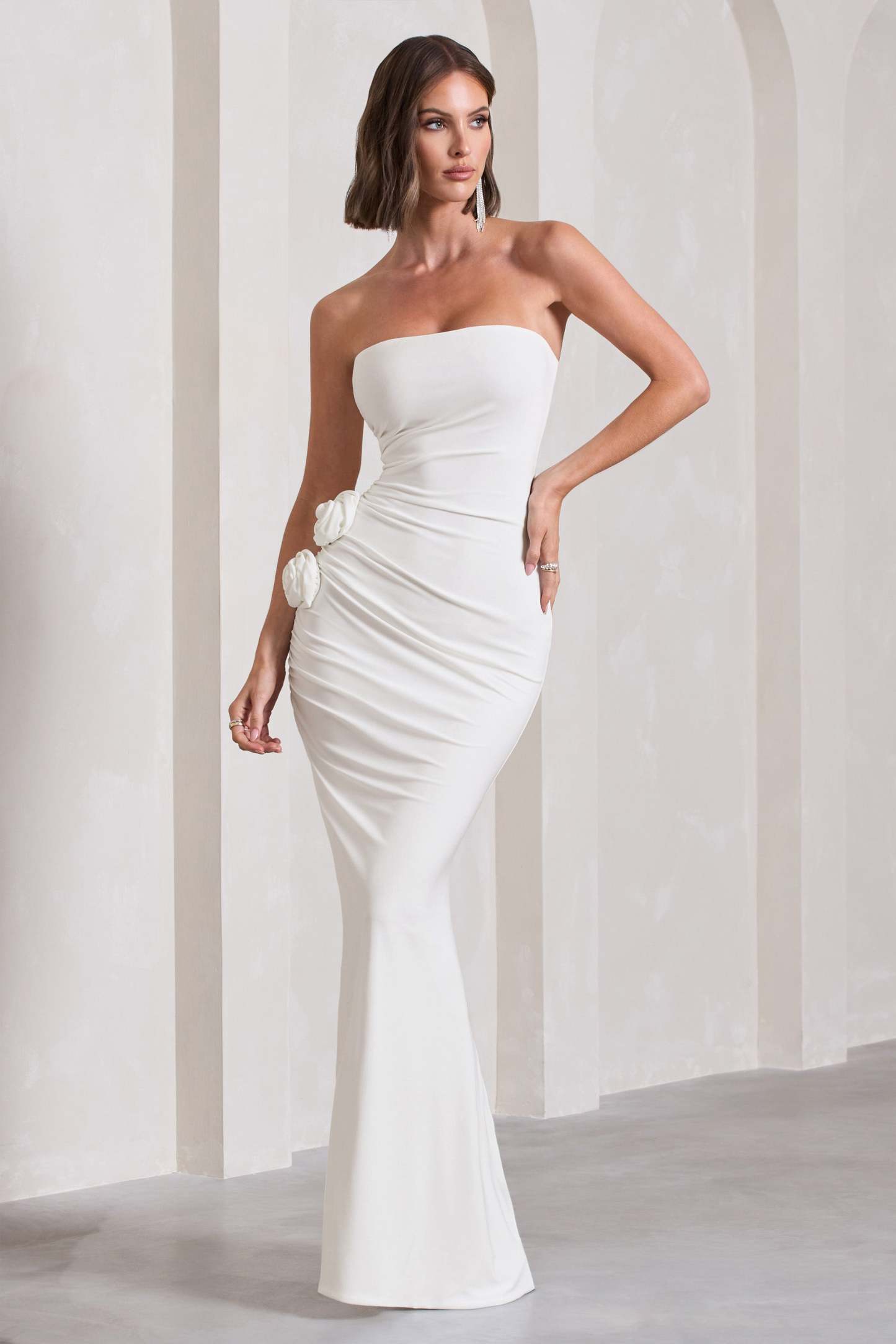 My Muse White Ruched Bandeau Split Maxi Dress With Flowers-Babyboo Dress Store. All Rights Reserved.