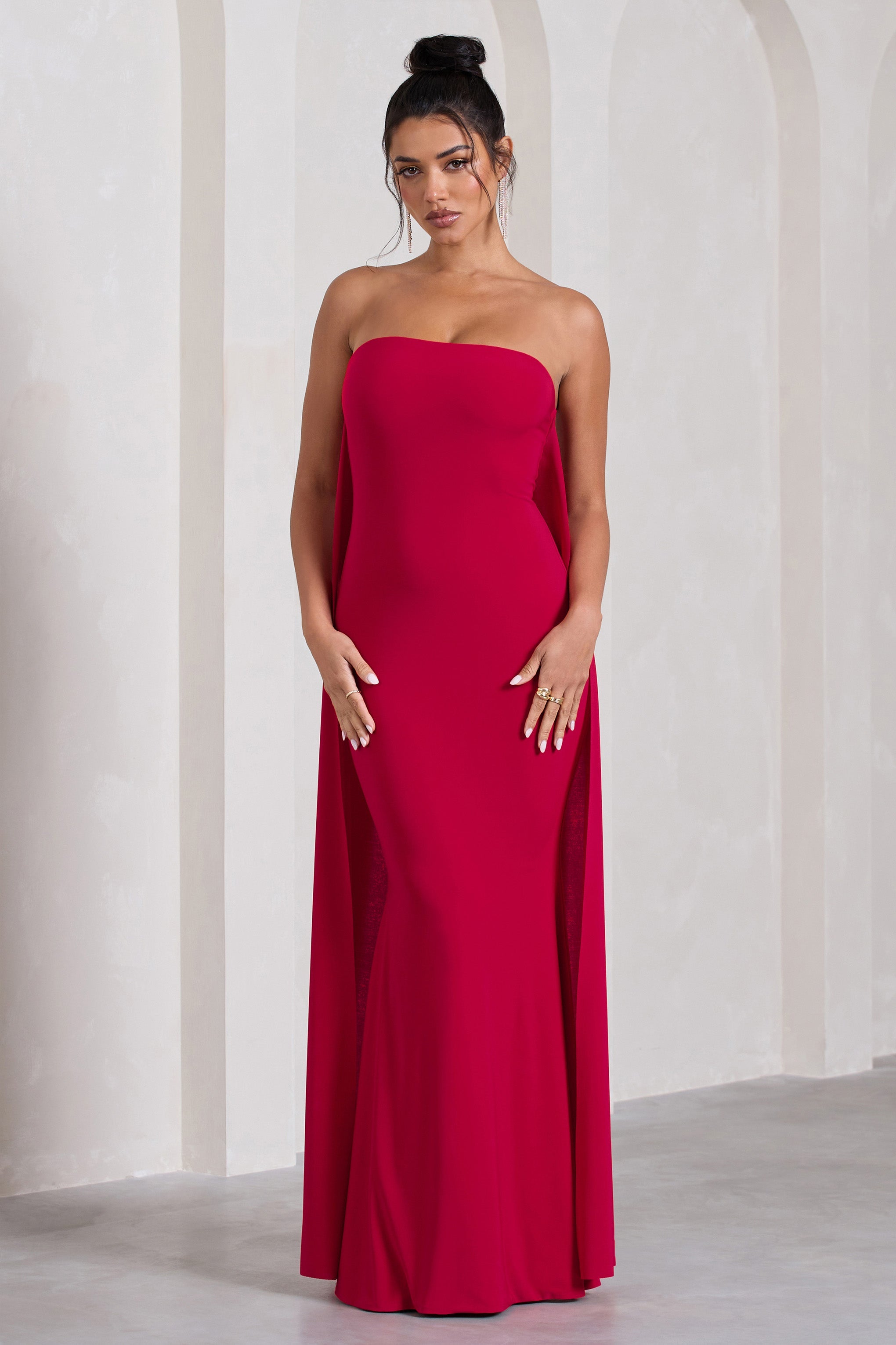Christina Red Bandeau Sleeveless Maxi Dress With Cape-Babyboo Dress Store. All Rights Reserved.