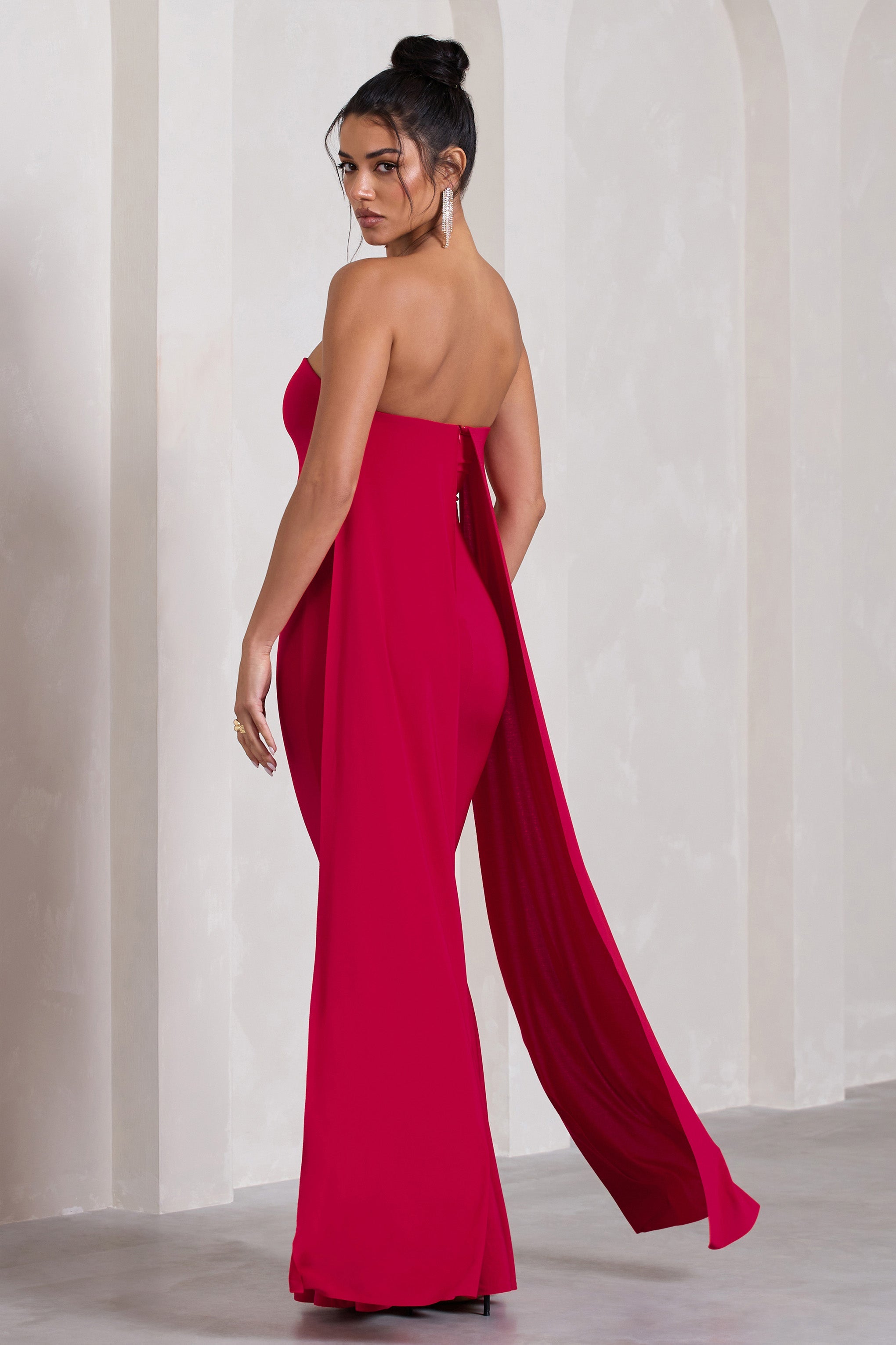 Christina Red Bandeau Sleeveless Maxi Dress With Cape-Babyboo Dress Store. All Rights Reserved.