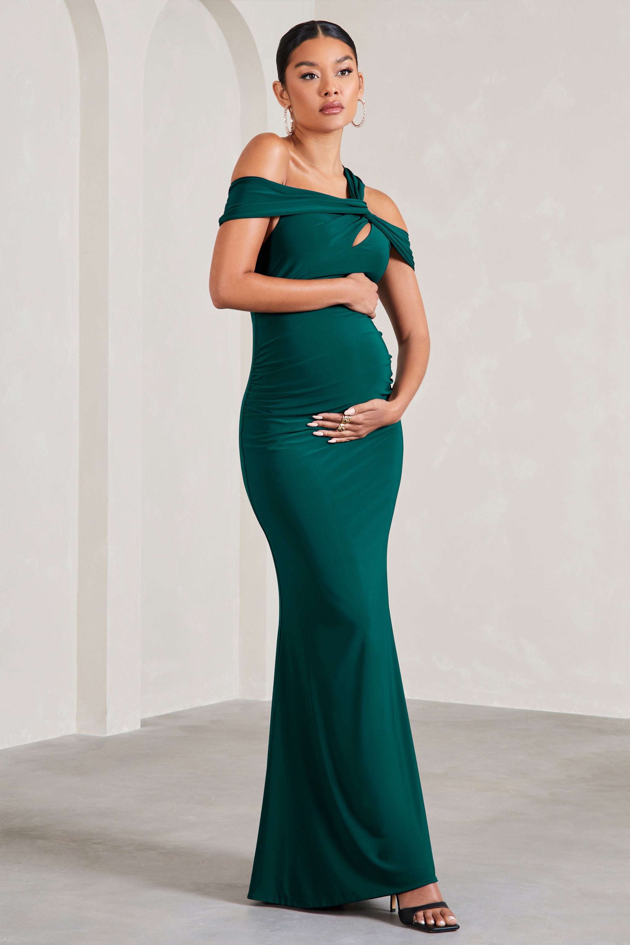 Captivating Bottle Green Strappy Asymmetric Cut-Out Maternity Maxi Dress-Babyboo Dress Store. All Rights Reserved.