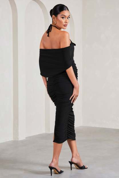 Daisy Black & White Ruched Flower Halter-Neck Drape-Sleeve Maternity Midi Dress-Babyboo Dress Store. All Rights Reserved.