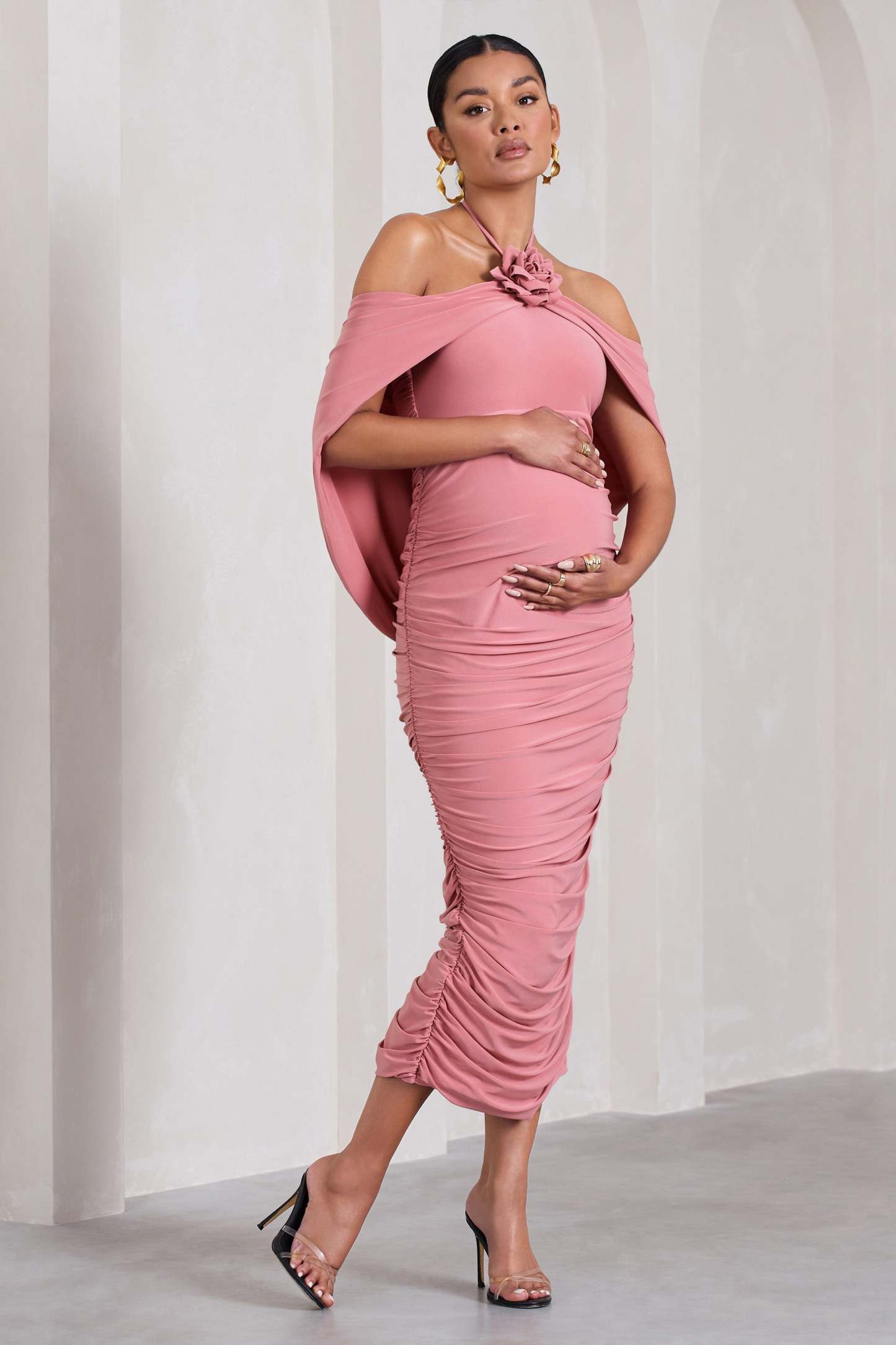 Daisy Blush Pink Ruched Flower Halter-Neck Drape-Sleeve Maternity Midi Dress-Babyboo Dress Store. All Rights Reserved.