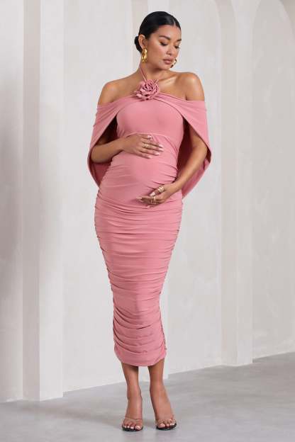 Daisy Blush Pink Ruched Flower Halter-Neck Drape-Sleeve Maternity Midi Dress-Babyboo Dress Store. All Rights Reserved.