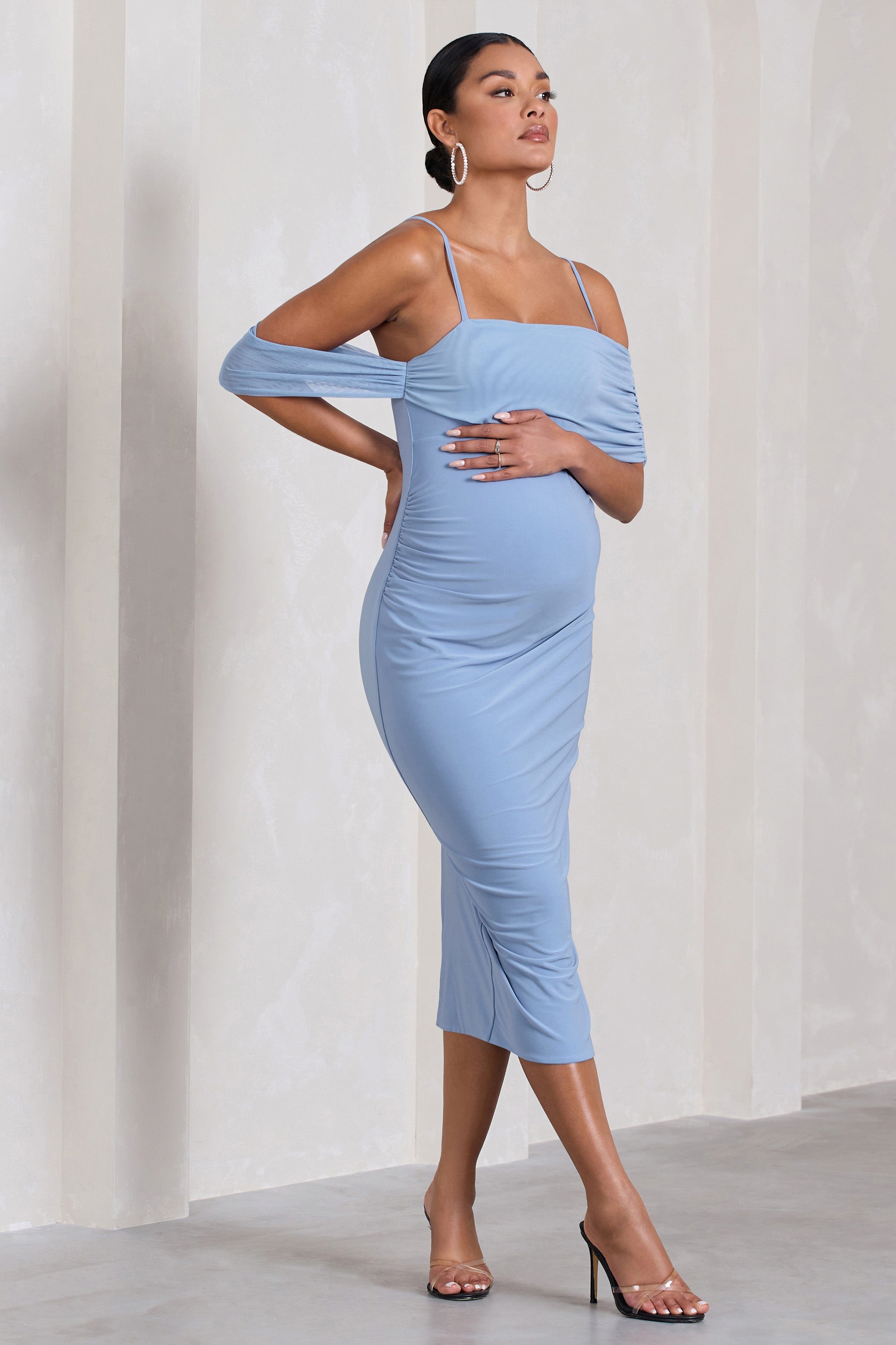 Shelby Powder Blue Mesh Bardot Strappy Maternity Midi Dress