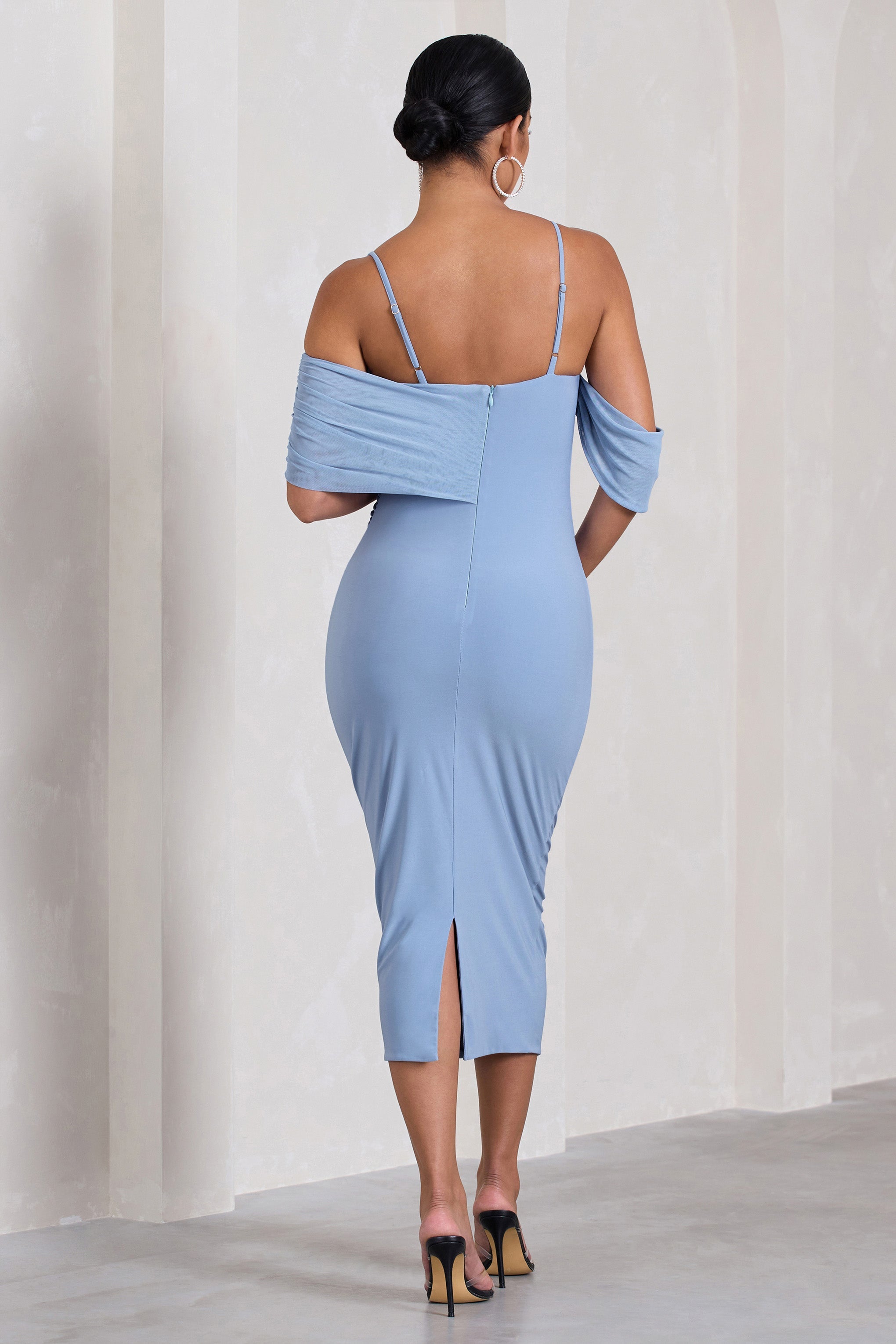 Shelby Powder Blue Mesh Bardot Strappy Maternity Midi Dress