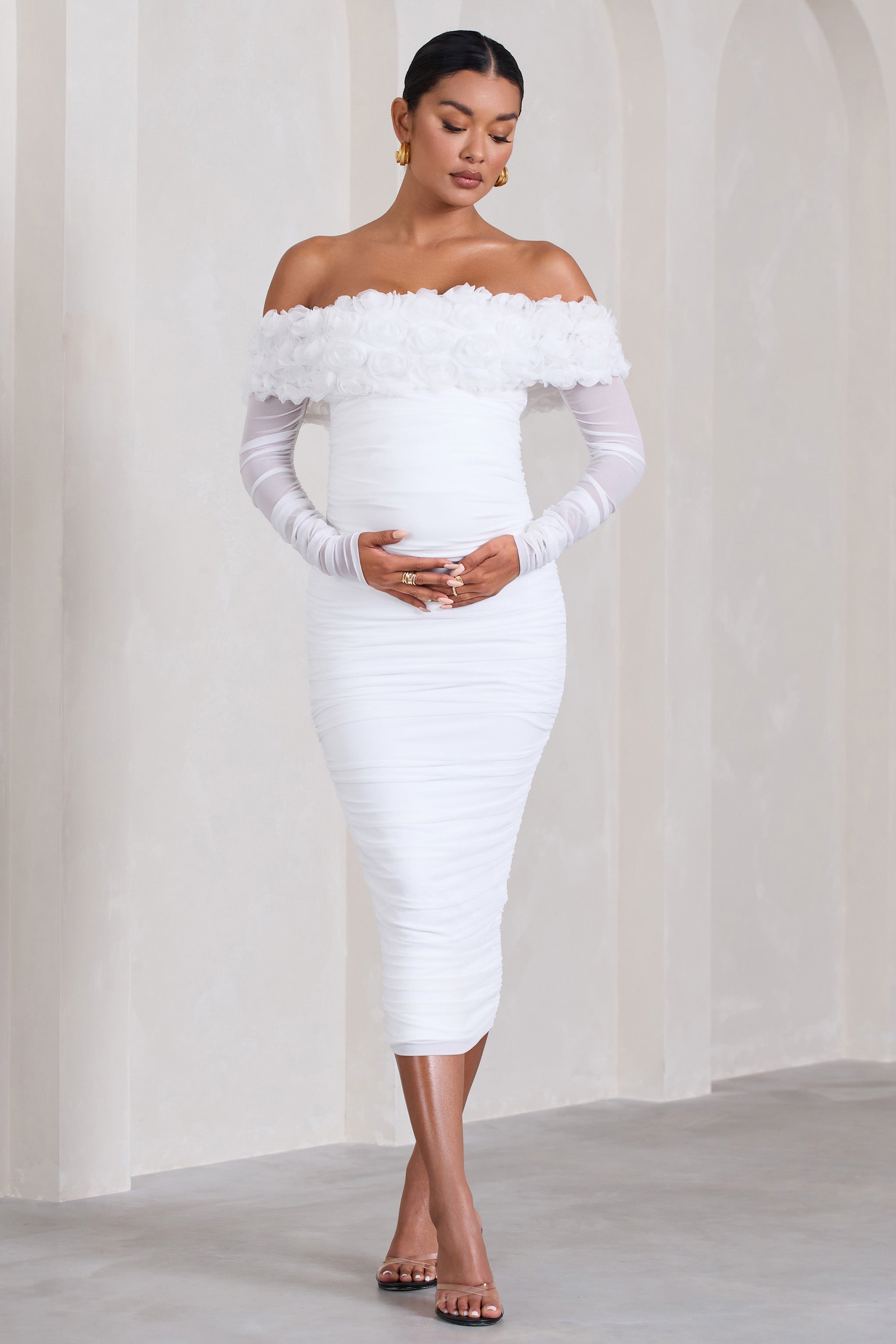 Orchid White Ruched Mesh Floral Bardot Maternity Midi Dress-Babyboo Dress Store. All Rights Reserved.