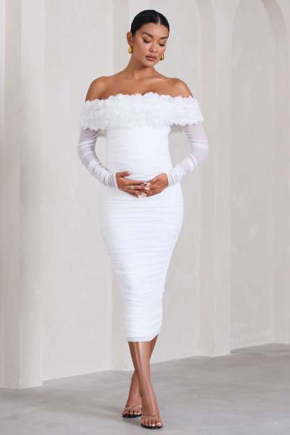 Orchid White Ruched Mesh Floral Bardot Maternity Midi Dress-Babyboo Dress Store. All Rights Reserved.