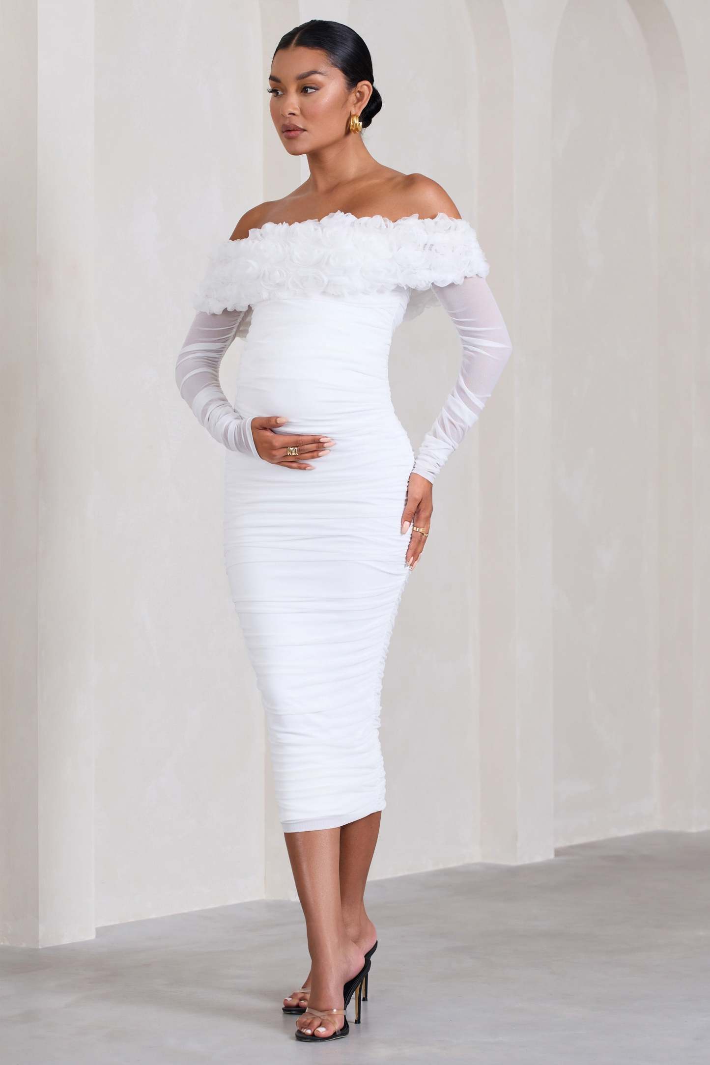 Orchid White Ruched Mesh Floral Bardot Maternity Midi Dress-Babyboo Dress Store. All Rights Reserved.