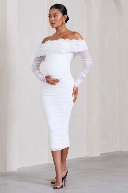 Orchid White Ruched Mesh Floral Bardot Maternity Midi Dress-Babyboo Dress Store. All Rights Reserved.