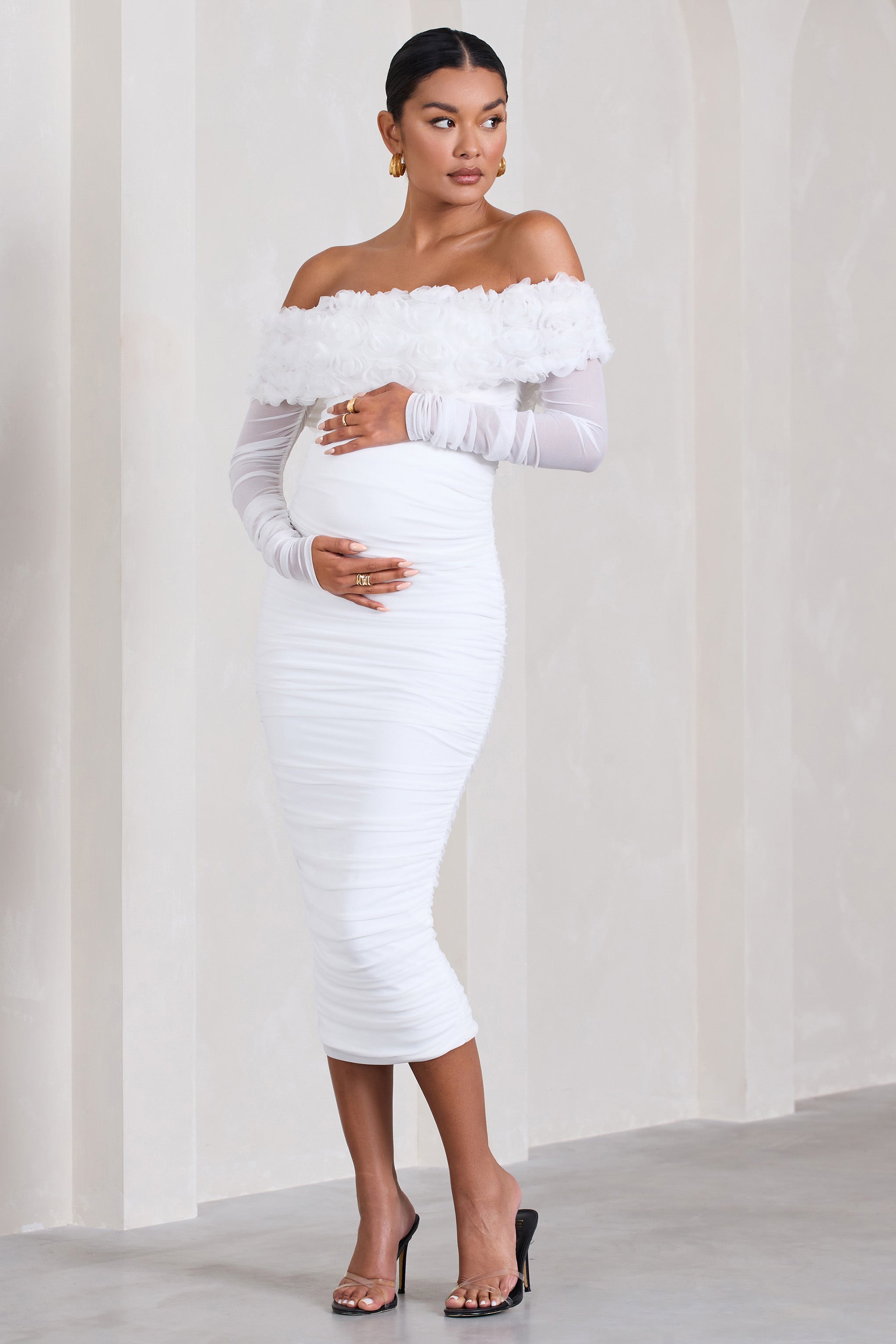 Orchid White Ruched Mesh Floral Bardot Maternity Midi Dress-Babyboo Dress Store. All Rights Reserved.