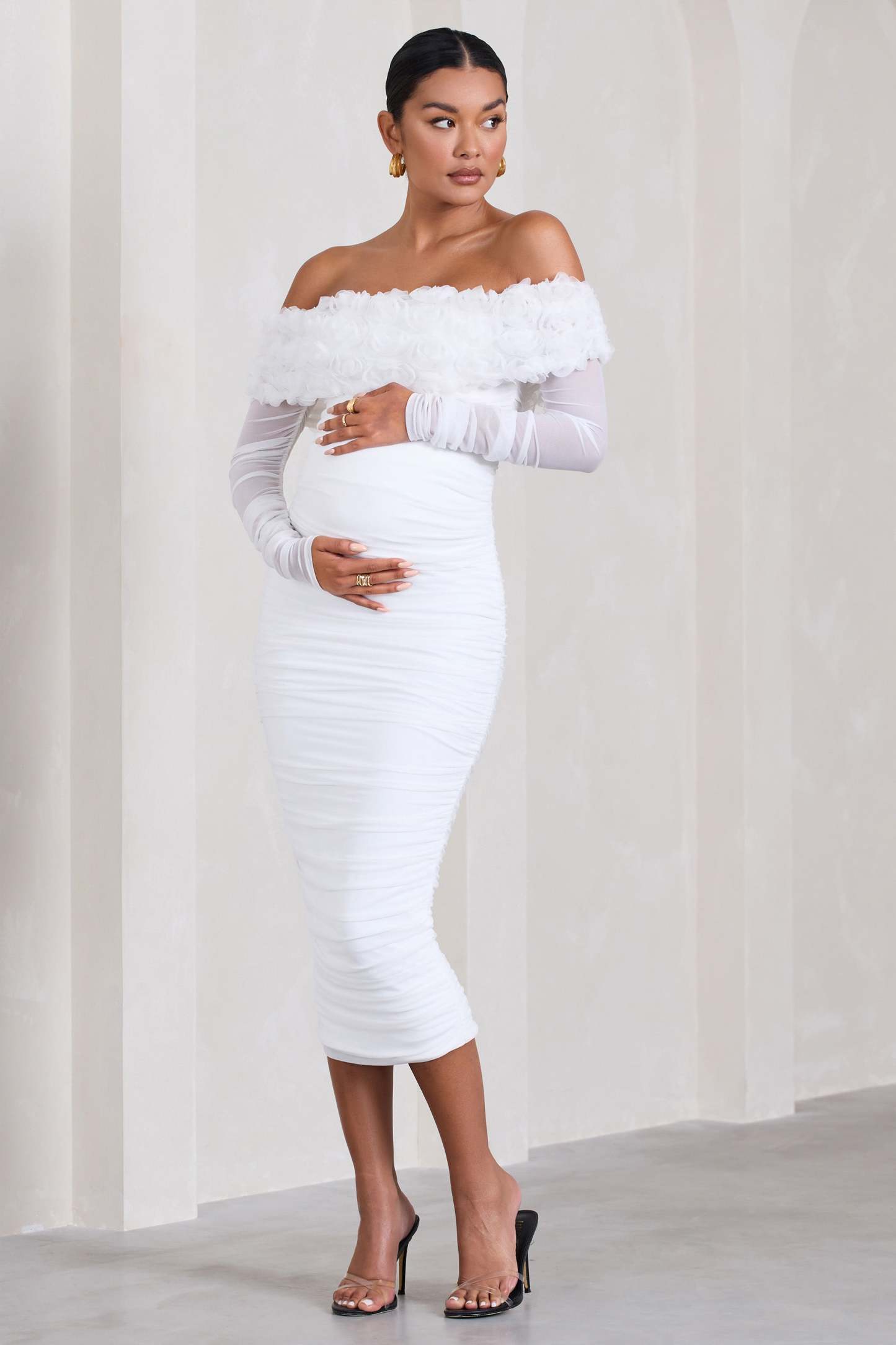 Orchid White Ruched Mesh Floral Bardot Maternity Midi Dress-Babyboo Dress Store. All Rights Reserved.