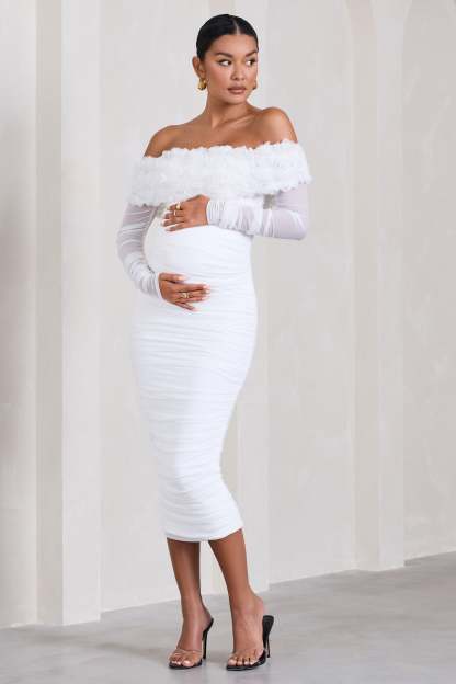 Orchid White Ruched Mesh Floral Bardot Maternity Midi Dress-Babyboo Dress Store. All Rights Reserved.