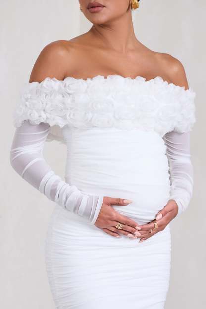 Orchid White Ruched Mesh Floral Bardot Maternity Midi Dress-Babyboo Dress Store. All Rights Reserved.