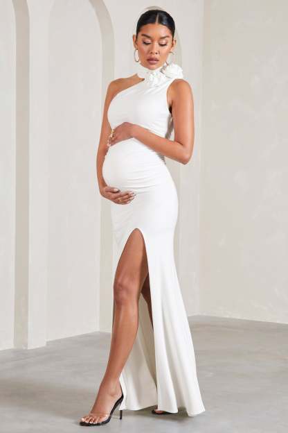 My Promise White Asymmetric Halter Collar Maternity Maxi Dress With Flowers-Babyboo Dress Store. All Rights Reserved.