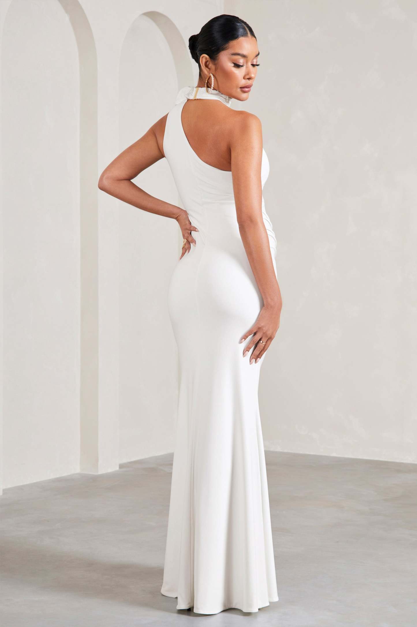 My Promise White Asymmetric Halter Collar Maternity Maxi Dress With Flowers-Babyboo Dress Store. All Rights Reserved.