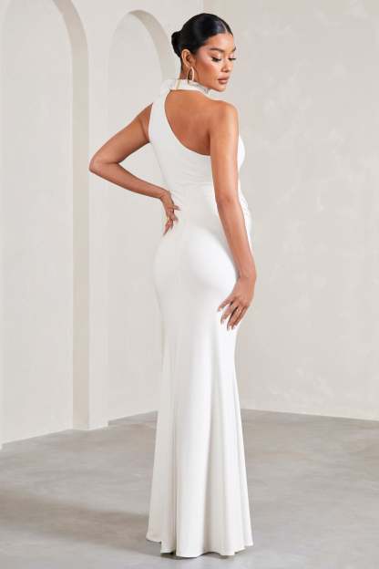 My Promise White Asymmetric Halter Collar Maternity Maxi Dress With Flowers-Babyboo Dress Store. All Rights Reserved.