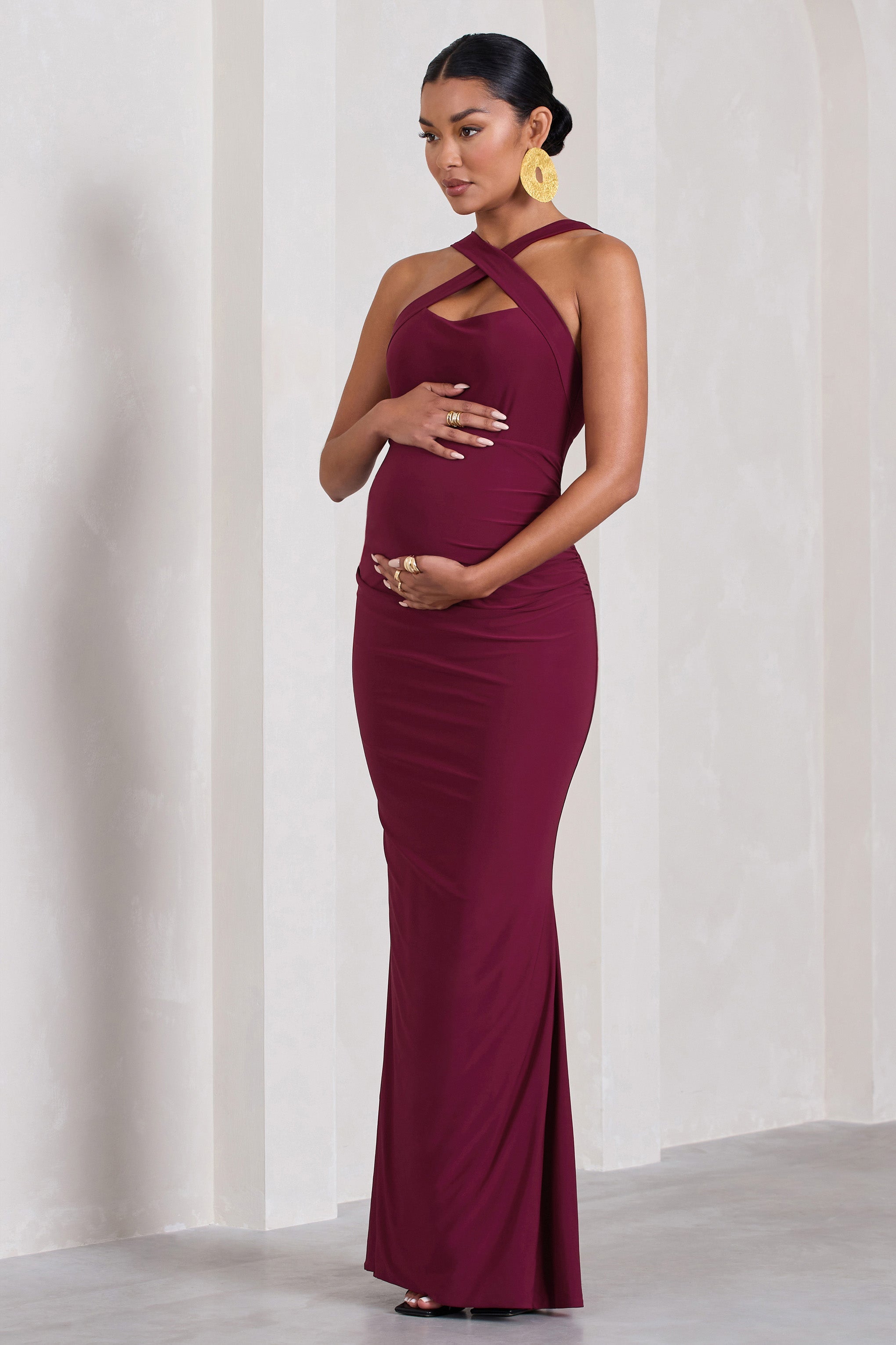 Cross My Heart Burgundy Sleeveless Cross-Neck Maternity Maxi Dress-Babyboo Dress Store. All Rights Reserved.