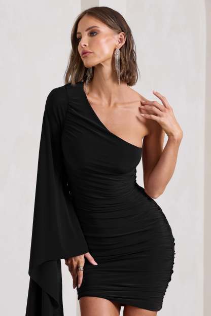 Palmer Black Ruched One-Shoulder Asymmetric Mini Dress With Cape Sleeve-Babyboo Dress Store. All Rights Reserved.
